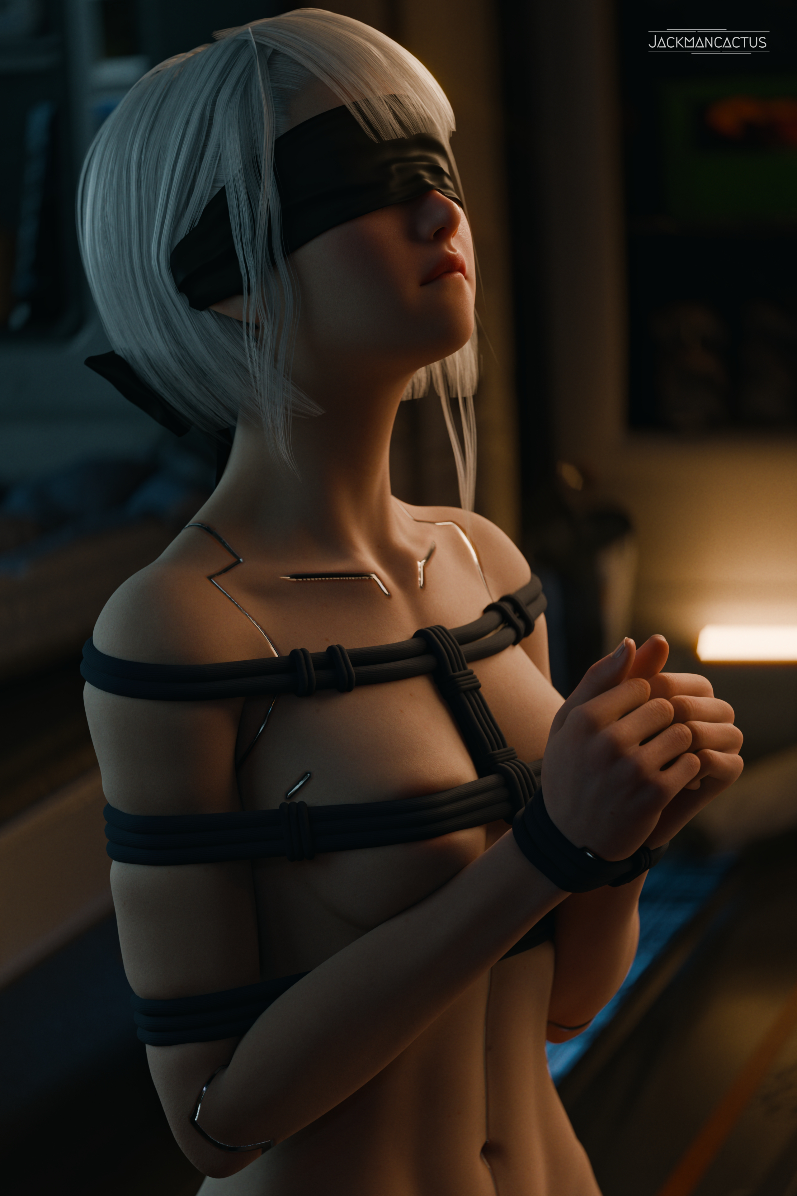 1girls, 3d, blindfold, bondage, cd projekt red, cyberpunk 2077, cyberpunk: edgerunners, female, female only, jackmancactus, lucyna kushinada, rope, solo, tied up, white hair