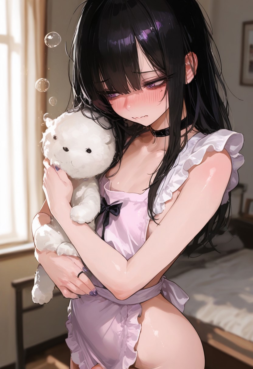 1boy, 1femboy, 2025, ai generated, alternate version available, apron, bed, bed sheet, bedroom, black hair, blush, choker, civitai, crossdressing, cute, cute femboy, dark hair, embarrassed, eyeshadow, femboy, feminine male, girly, hugging plushie, indoors, kekzzz, male, naked apron, penis, penis peek, plushie, purple eyes, solo, standing, thick thighs, thighs, trap