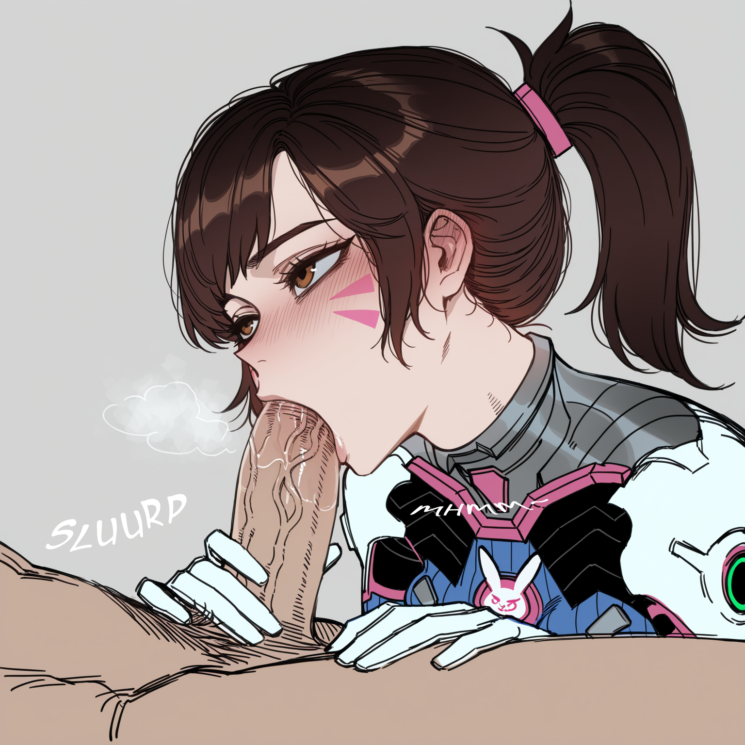 1boy, 2d, ai generated, blush, bodysuit, brown eyes, brown hair, clothed female nude male, d.va, erection, facial mark, fellatio, female, gloves, hana song, male, male pubic hair, nivirai, nude, oral, overwatch, penis, pilot suit, ponytail, pubic hair, saliva, simple background, solo focus, straight, tagme, uncensored, veins, veiny penis, whisker markings, white gloves