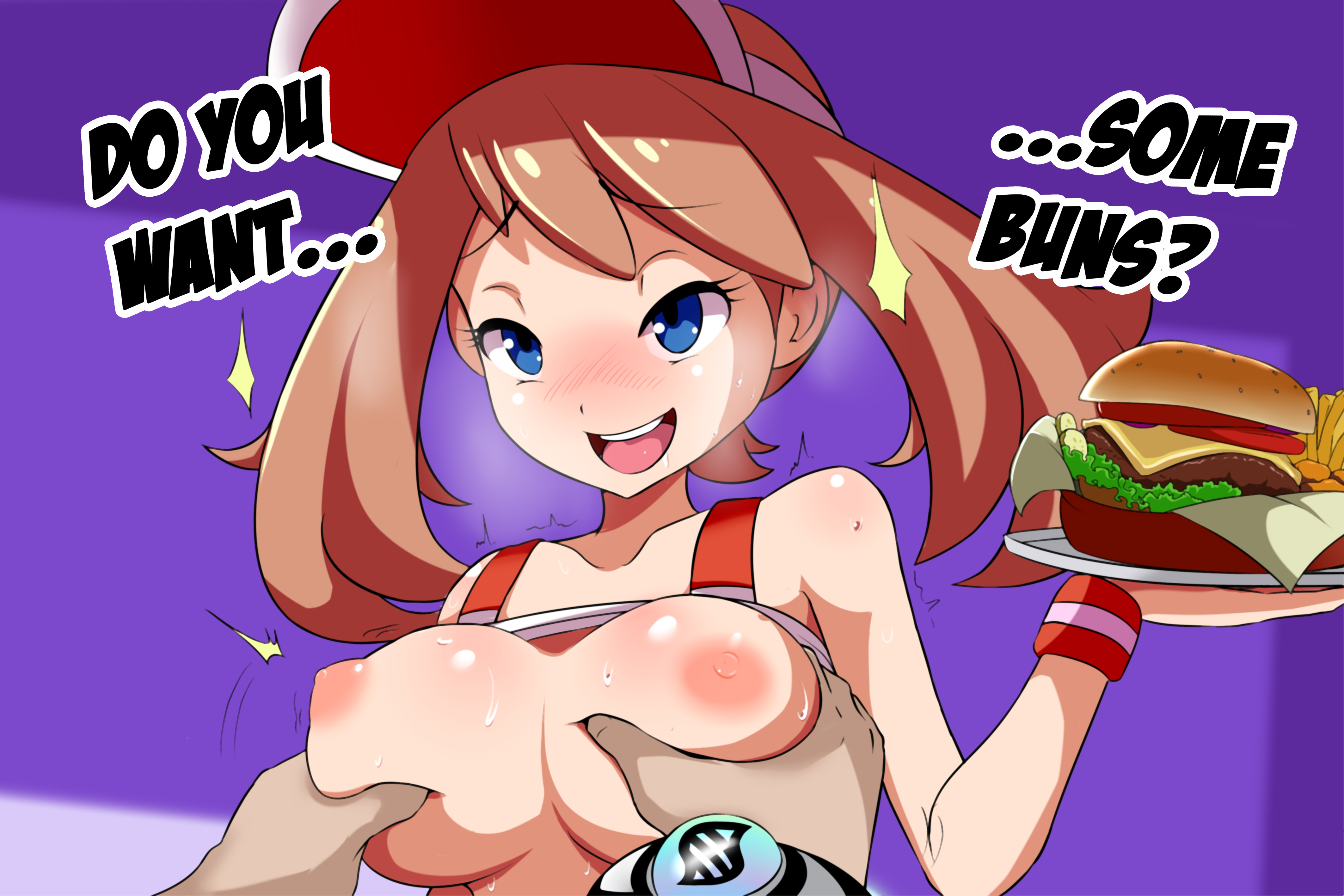 1boy, 1girls, areolae, big breasts, blue eyes, blush, bracelet, breast grab, breasts, brown hair, busty, female, hat, heavy breathing, holding, human, human only, lucyfercomic, male, male pov, may (pokemon oras), may (pokemon), mega stone, nintendo, nipples, pokemon, pokemon oras, pov, purple background, shirt, shirt lift, short hair, smile, source request, text, trembling