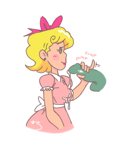 blonde hair, bow, breasts, cum, cum on breasts, dress, earthbound, female, fully clothed, handjob, mother (series), notaustinnotsfw, paula jones, paula polestar, pink dress, zombie