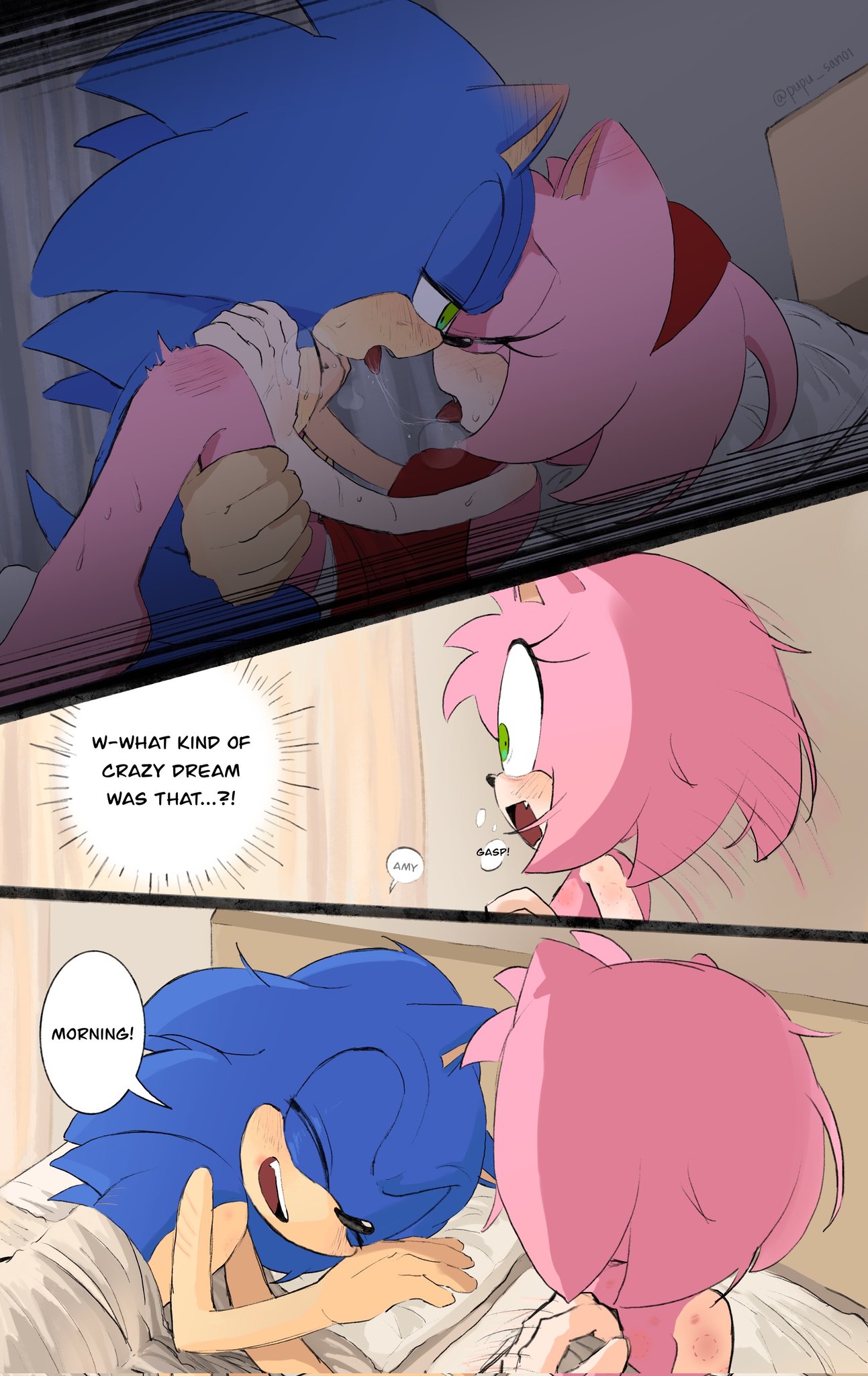 1boy, 1girls, after sex, ambiguous penetration, amy rose, bed, bedhead, bedroom, bite mark, blue fur, claw marks, closed eyes, drool string, eyelashes, fangs, female, female penetrated, gasp, green eyes, hickey, hickey marks, holding arms, holding legs, in bed, knee blush, laying on back, laying on bed, male, male/female, messy hair, missionary position, on bed, pink fur, pupu san01, scratch marks, sonic (series), sonic the hedgehog, sonic the hedgehog (series), startled, straight, under covers, waking up, wholesome