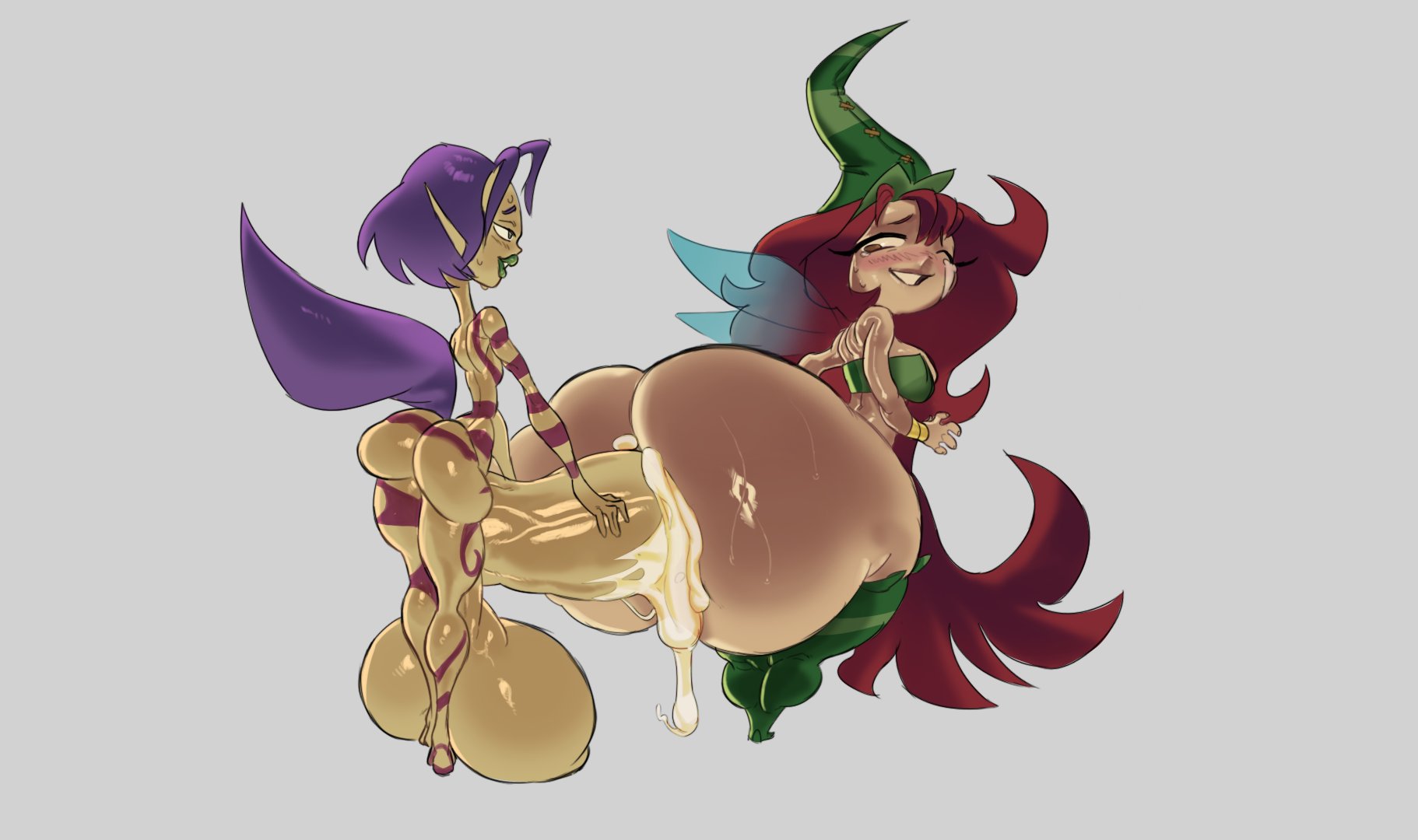 1futa, 1girls, anal, ass, ass bigger than head, ass bigger than torso, balls, betilla (rayman), big ass, big balls, big butt, big penis, brown eyes, cum, cum inside, female, futanari, green legwear, hat, huge balls, huge cock, intersex, legwear, looking back, ly (rayman), nymph (rayman), one eye closed, penis, purple hair, rayman (series), rayman origins, rear view, red hair, smile, standing, undergroundj, viewed from behind, white background, wings