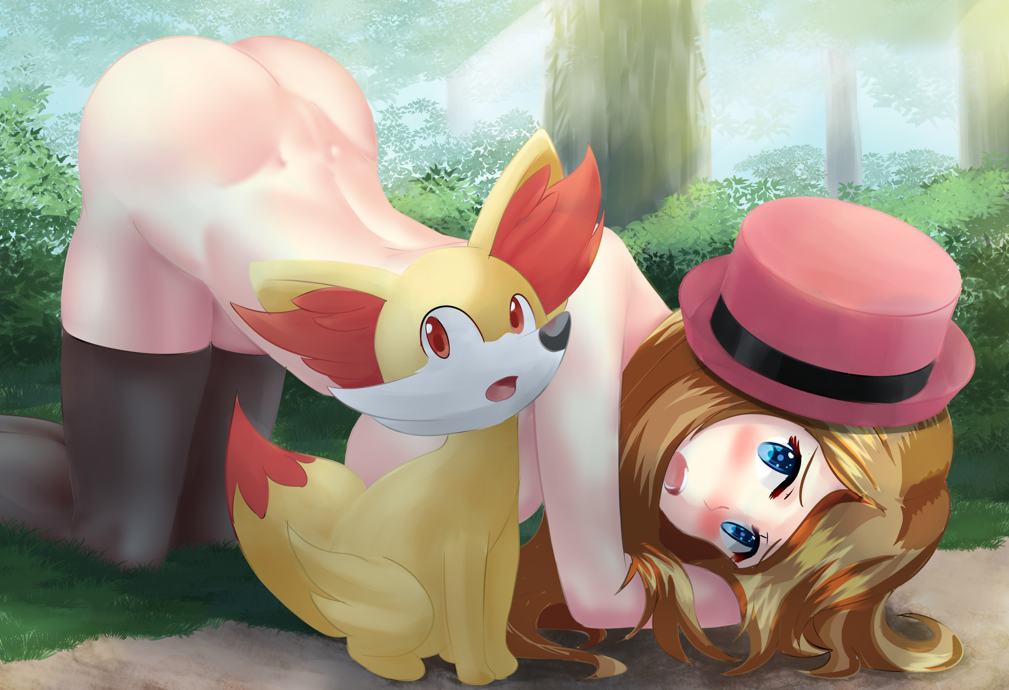 1girls, all fours, alternate breast size, ass, back, bangs, black legwear, blonde hair, blonde-haired female, blue eyes, blush, breasts, bush, embarrassed, female, fennekin, forest, fuzzlogik, grass, hat, highres, huge breasts, human, human only, large breasts, light brown hair, long hair, looking at viewer, nintendo, nude, outdoors, pokemon, pokemon (anime), pokemon (species), pokemon xy, red eyes, red hat, round teeth, serena (pokemon), shy, swept bangs, thighhighs, top-down bottom-up, tree, upper teeth