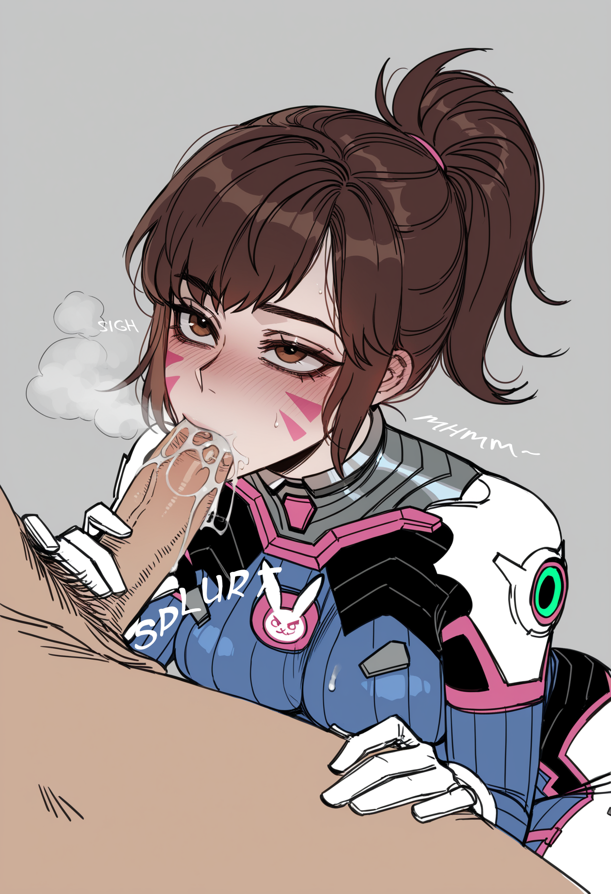 1boy, 2d, ai generated, alternate hairstyle, blush, bodysuit, breasts, brown eyes, brown hair, clothed female nude male, cum, cum in mouth, d.va, erection, facial mark, fellatio, female, gloves, hana song, male, male pubic hair, medium breasts, nivirai, nude, oral, overwatch, penis, pilot suit, ponytail, pubic hair, simple background, solo focus, straight, tagme, uncensored, whisker markings, white background, white gloves