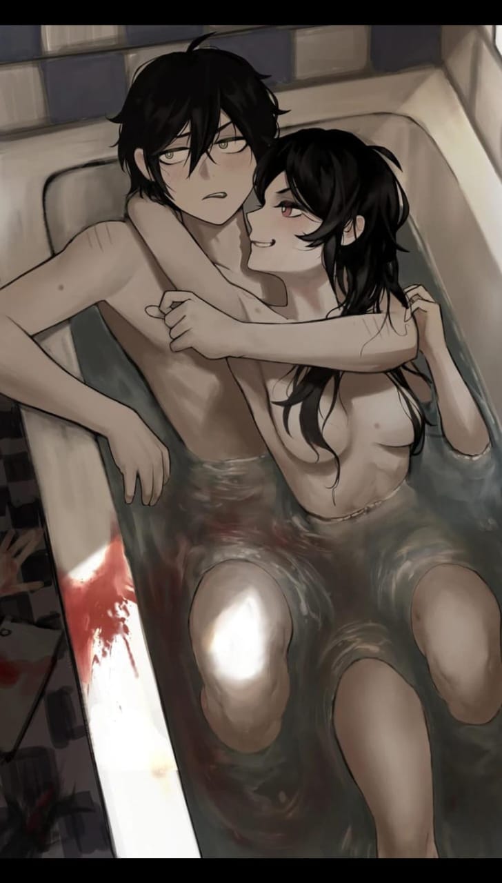 andrew graves, andy graves, ashley graves, bath, bathing, bathroom, blood, brother and sister, couple, green eyes, implied murder, incest, leyley, no sex, pink eyes, smiley face, the coffin of andy and leyley