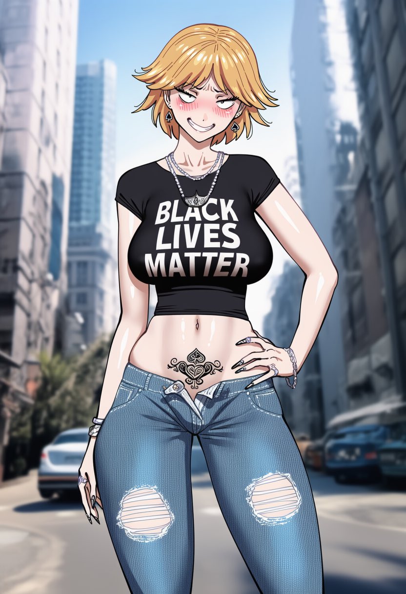 1girls, ai generated, ass, ass bigger than head, big ass, big breasts, bimbo, bimbo lips, black lips, black lives matter, blonde hair, breasts, chubby, color, curvy, curvy figure, english, english text, female, ghettoshalltear, goth, goth girl, huge ass, huge breasts, jeans, large breasts, light-skinned female, neia baraja, nipples, nipples visible through clothing, overlord (maruyama), pale skin, qos, qos tattoo, queen of spades, queen of spades symbol, queen of spades tattoo, smug, smug face, thick, thick ass, thick legs, thick thighs, thighs, voluptuous, voluptuous female