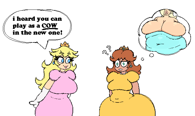 3girls, ass, belly, blonde hair, blue eyes, breasts, brown hair, chubby, chubby female, cleavage, crown, earrings, english text, fat, female, female focus, female only, green eyes, hips, lachevite, large ass, large breasts, lips, mario (series), nintendo, overflowing breasts, overweight, overweight female, princess, princess daisy, princess peach, princess rosalina, stomach, super mario bros., text, thick thighs, thighs, thought bubble, weight gain, wide hips