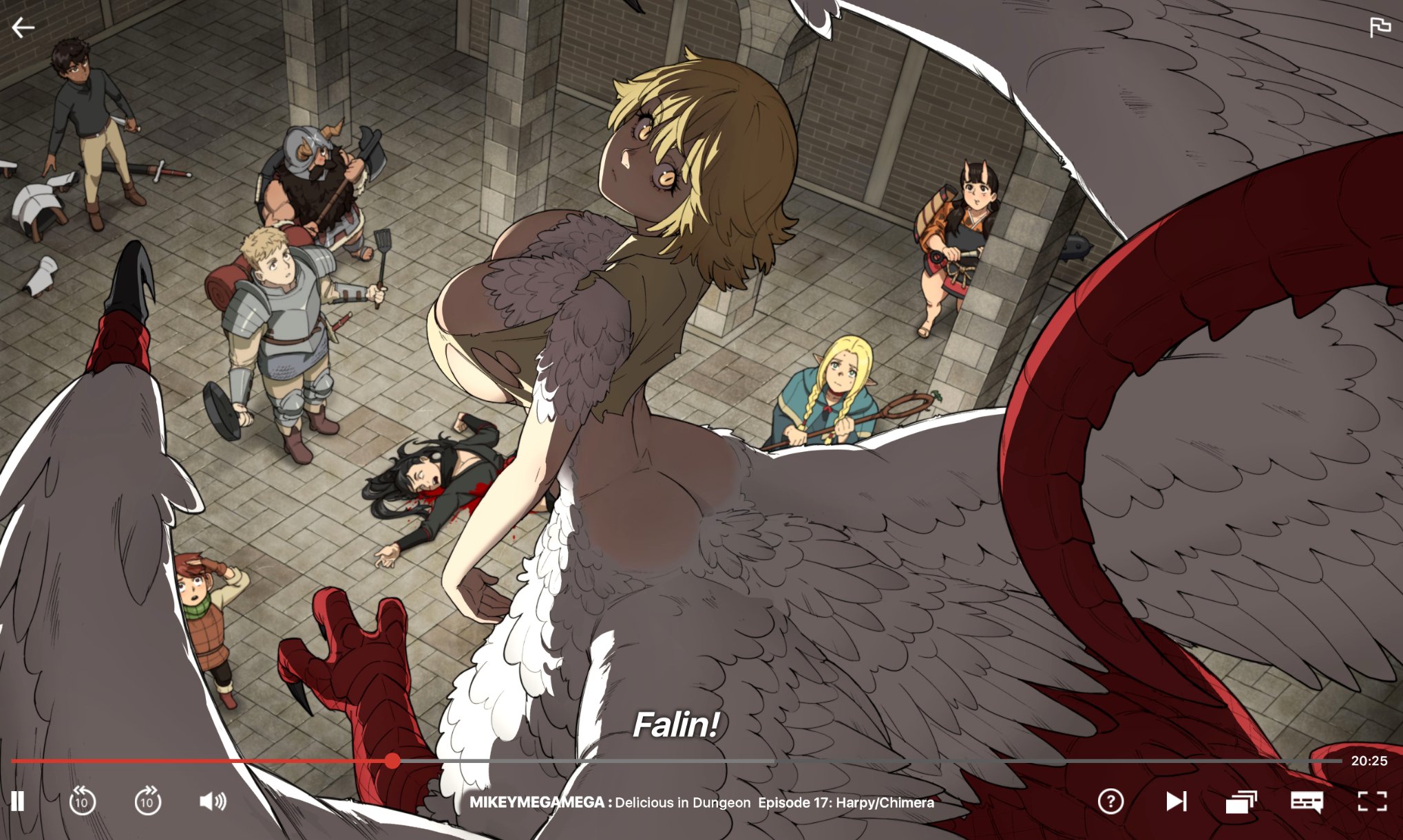 2025, 4boys, 4girls, armor, ass, beard, blonde hair, breasts, bursting breasts, chilchuck tims, cleavage, dungeon meshi, falin touden, falin touden (chimera), feathers, female, female focus, green eyes, highres, huge breasts, inutade, kabru, laios touden, large breasts, long hair, looking at viewer, male, marcille donato, mikeymegamega, monster, monster girl, moustache, senshi (dungeon meshi), short hair, torn clothes, wardrobe malfunction, white feathers, yellow eyes