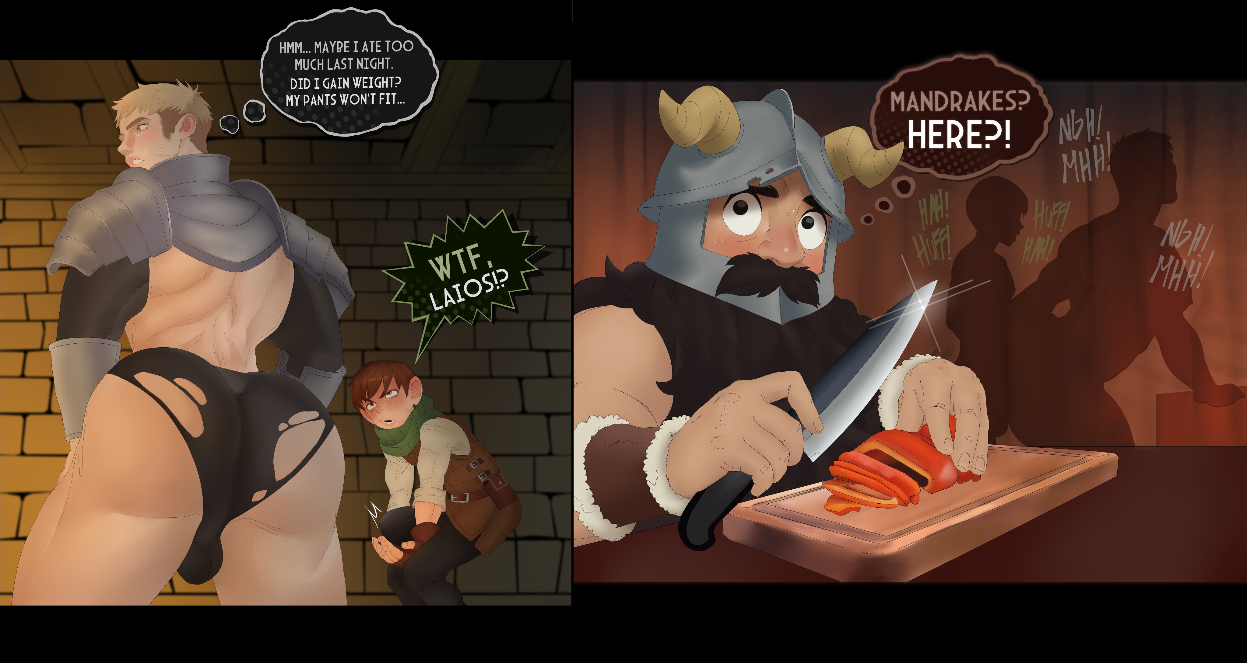 3boys, anal, armor, armored, armored male, ass, ass focus, balls, balls in panties, balls in underwear, big ass, big bottom, blonde hair, brown eyes, brown hair, chestplate, chilchuck tims, cooking, dungeon meshi, gay, helmet, horned helmet, horns, horns through headwear, implied anal, implied penetration, implied sex, knife, laios touden, male, male only, male penetrated, male penetrating, male penetrating male, male/male, moustache, muscles, muscular, muscular bottom, muscular male, muscular sub, penetration, ripped clothing, ripped underwear, senshi (dungeon meshi), shadow, silhouette, small dom big sub, small top big bottom, taller male, thehorny bunbun, underwear, watching, watching sex, witness, yaoi, yaoi with male audience