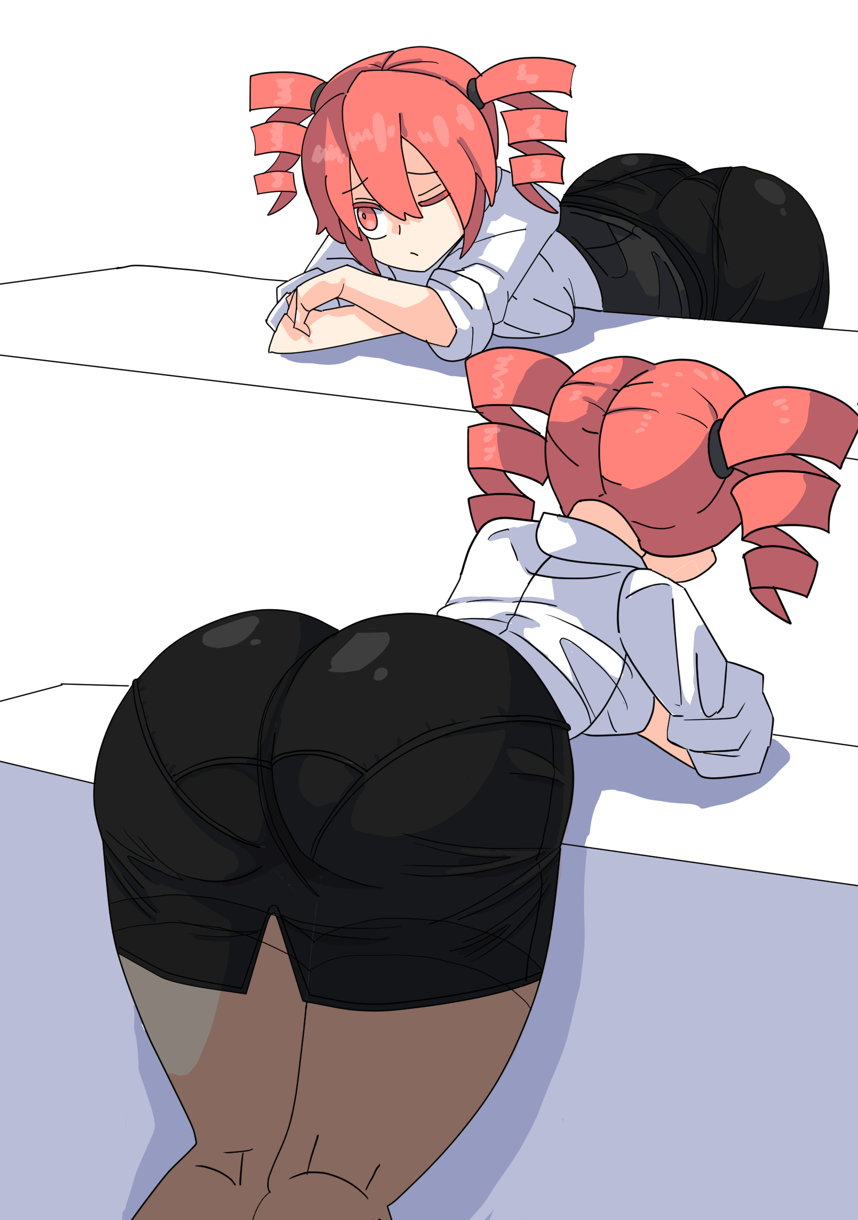 1girls, 2d, 2d (artwork), acfj8gsukh66625, ass, ass focus, back, back view, bending forward, bending over, bending over desk, bent over, big ass, big thighs, blouse, bottom heavy, bubble butt, curvaceous, curvy, curvy female, curvy figure, dot mouth, female, female only, huge ass, huge thighs, kasane teto, large ass, large thighs, miniskirt, office clothing, office lady, one eye closed, pantyhose, pantylines, pencil skirt, presenting, presenting ass, red eyes, red hair, shirt, simple background, skirt, solo, solo female, thick ass, thick thighs, thighs, tight clothing, twin drills, utau, white background, wide hips