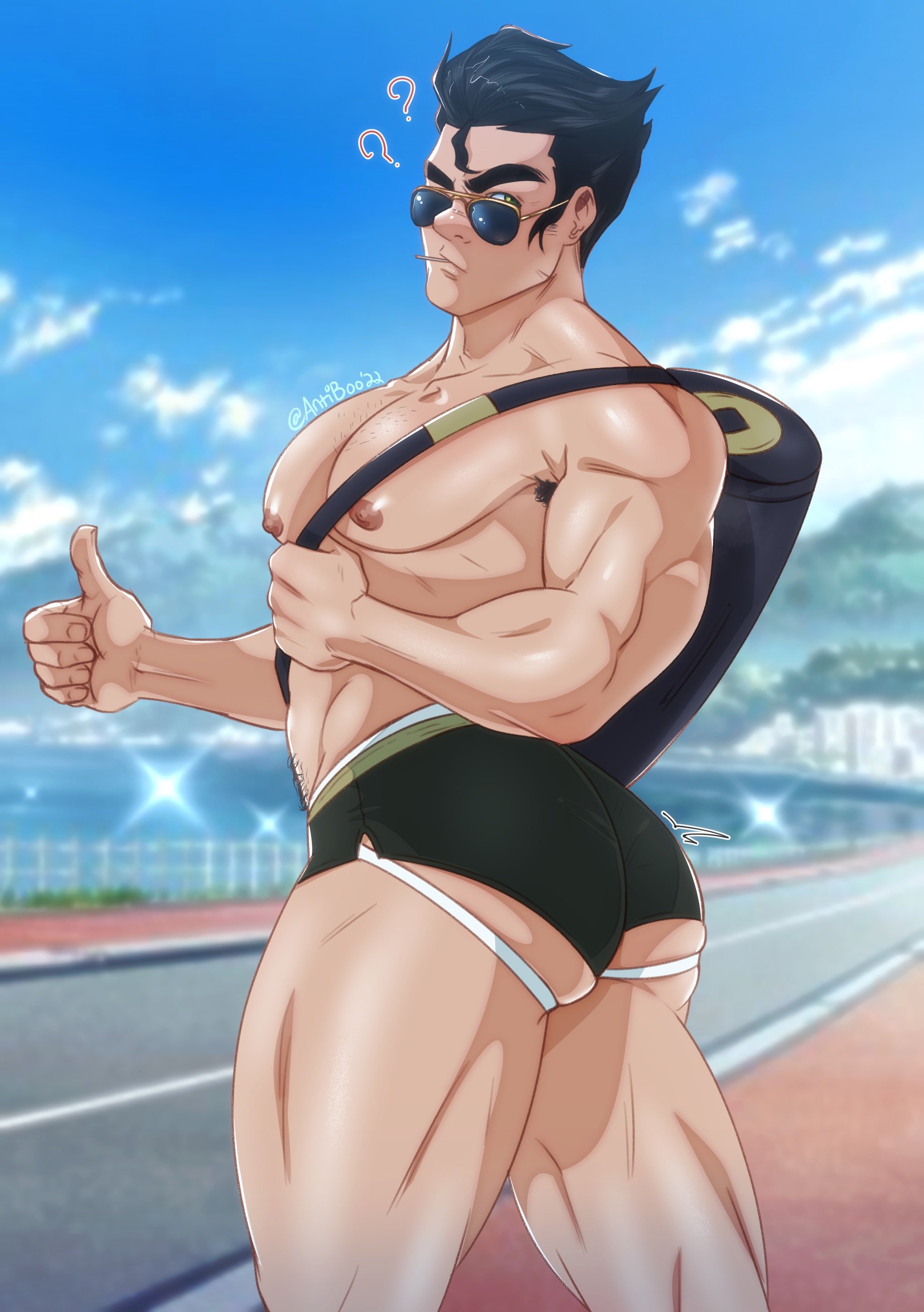 ?, 1boy, antibooart, artist name, ass, avatar the last airbender, bara, blurry background, bolin, clothing, gay, glasses, hitchhiking, jockstrap, male, male focus, male only, muscular, muscular male, nickelodeon, short shorts, shorts, solo, solo male, the legend of korra, thumbs up, yaoi
