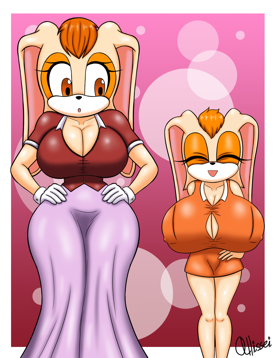 allissei, allissei alli, big breasts, breasts, bunny ears, cleavage, clothed, clothing, cream the rabbit, female, furry, mother and daughter, nipples, rabbit, sega, sonic (series), sonic the hedgehog (series), thick thighs, vanilla the rabbit