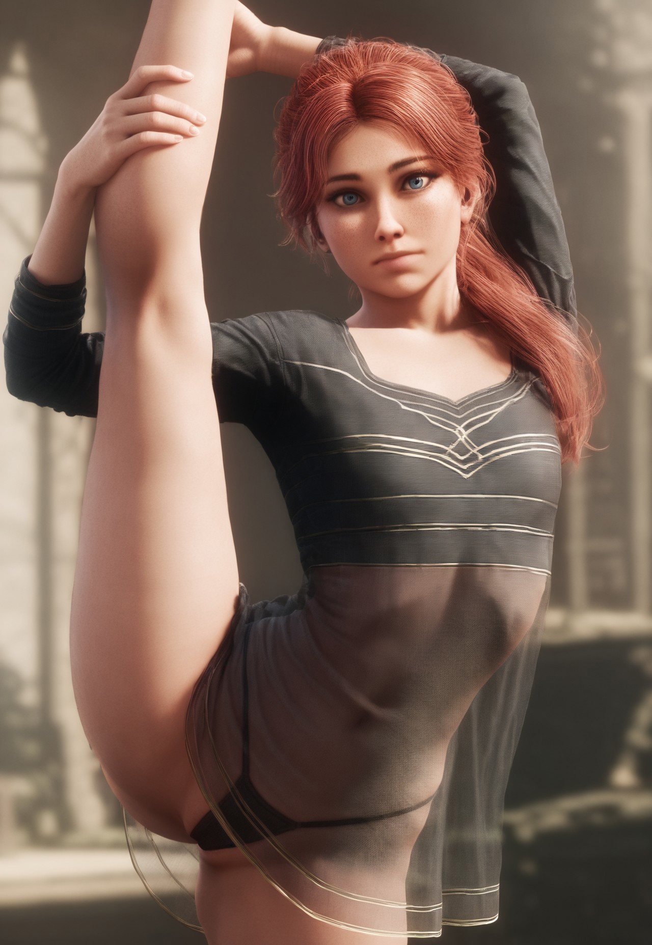 ai generated, blue eyes, clair obscur: expedition 33, clothing, female, freckles, legs up, light-skinned female, looking at viewer, maelle (clair obscur: expedition 33), red hair, silvershrouding, solo, solo female, spread legs, thong
