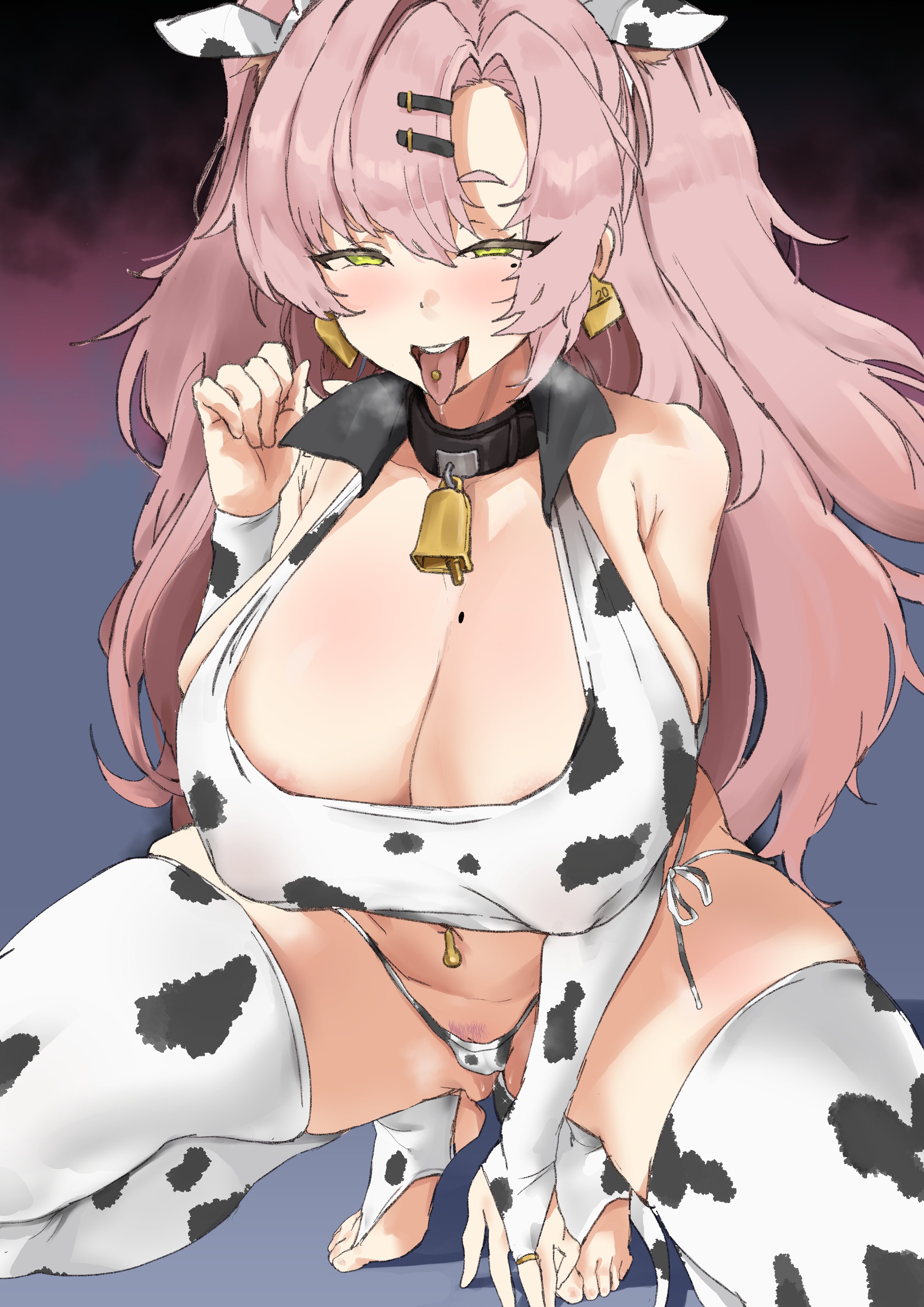 1girls, breasts, cow print, female, female focus, female only, large breasts, light skin, looking at viewer, mole, nicole demara, noriko (ni noriko), solo, thick thighs, thighhighs, thighs, wide hips, zenless zone zero