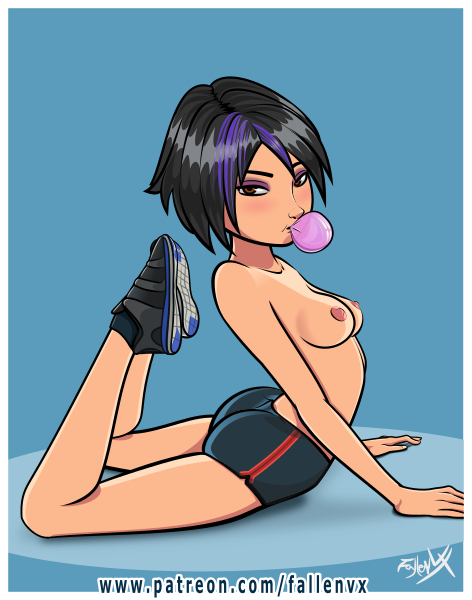 1girls arched_back areolae arm_support asian ass bare_arms bare_shoulders bedroom_eyes big_hero_6 black_hair blush breasts brown_eyes bubble_blowing bubble_gum collarbone disney eyeshadow fallen_vx female female_only flexible gogo_tomago half-closed_eyes human human_only light-skinned_female light_blush light_skin looking_at_viewer marvel medium_breasts nipples no_bra on_front purple_hair purple_highlights short_hair shorts sideboob simple_background small_breasts sneakers solo solo_female sportswear stretching topless two_tone_hair yoga