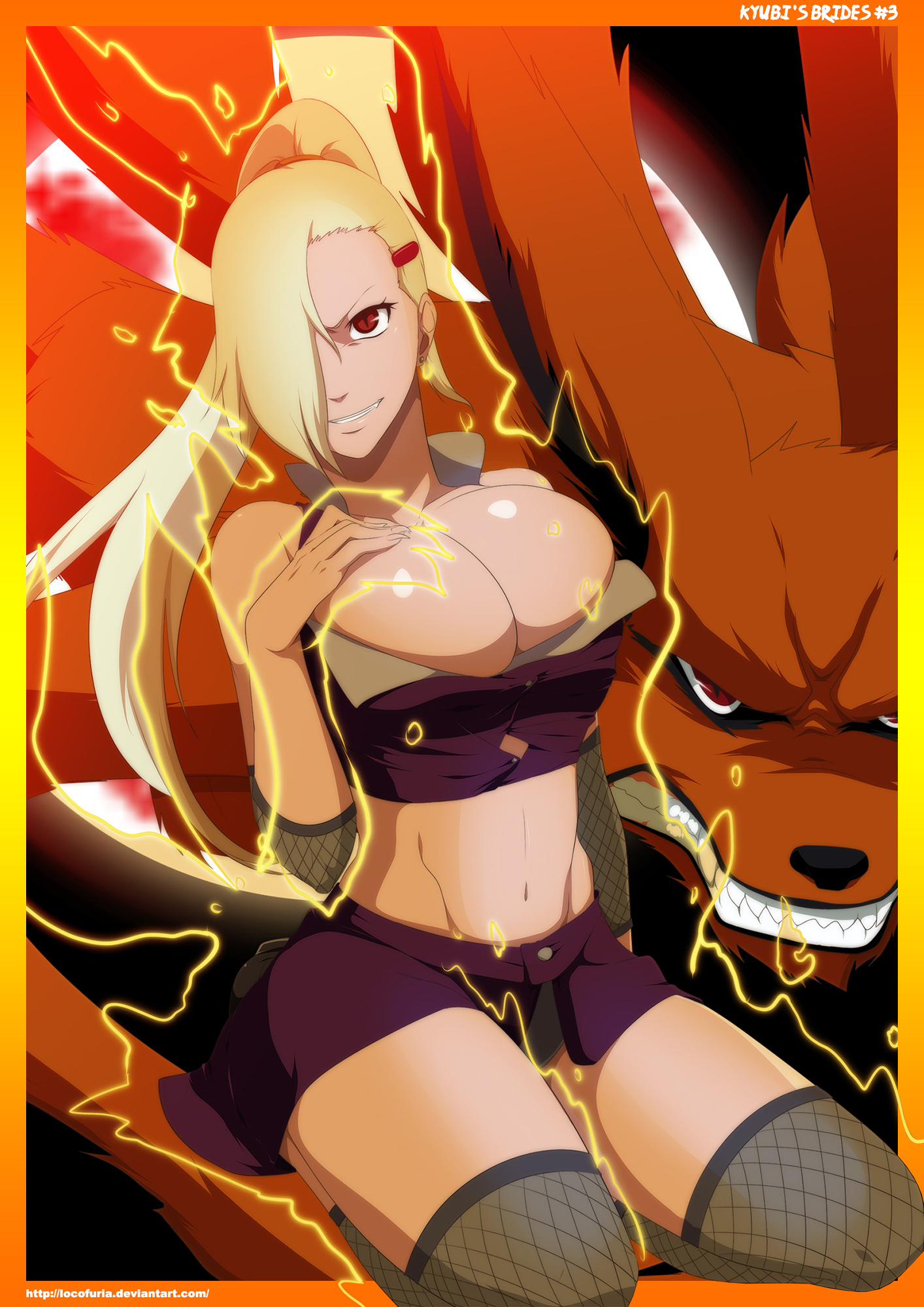 1animal, 1girls, alternate eye color, aura, bare midriff, bare shoulders, belly button, big breasts, blonde hair, breasts, busty, chakra, crop top, curvaceous, elbow pads, female, female focus, female only, genderswap, genderswap (otf), hair over one eye, highres, ino yamanaka, jinchuriki, kurama, kurama (naruto), large breasts, locofuria, long hair, looking at viewer, midriff, naruto, naruto (series), naruto shippuden, navel, nine tailed fox, no panties, no pupils, obliques, orange fur, pale skin, pelvic line, pinup, ponytail, possessed, possession, red eyes, skirt, smile, solo, tailed beast, text, thick thighs, thighs, tied hair, turtleneck, undressing, upper body, very long hair, voluptuous, watermark, wide hips