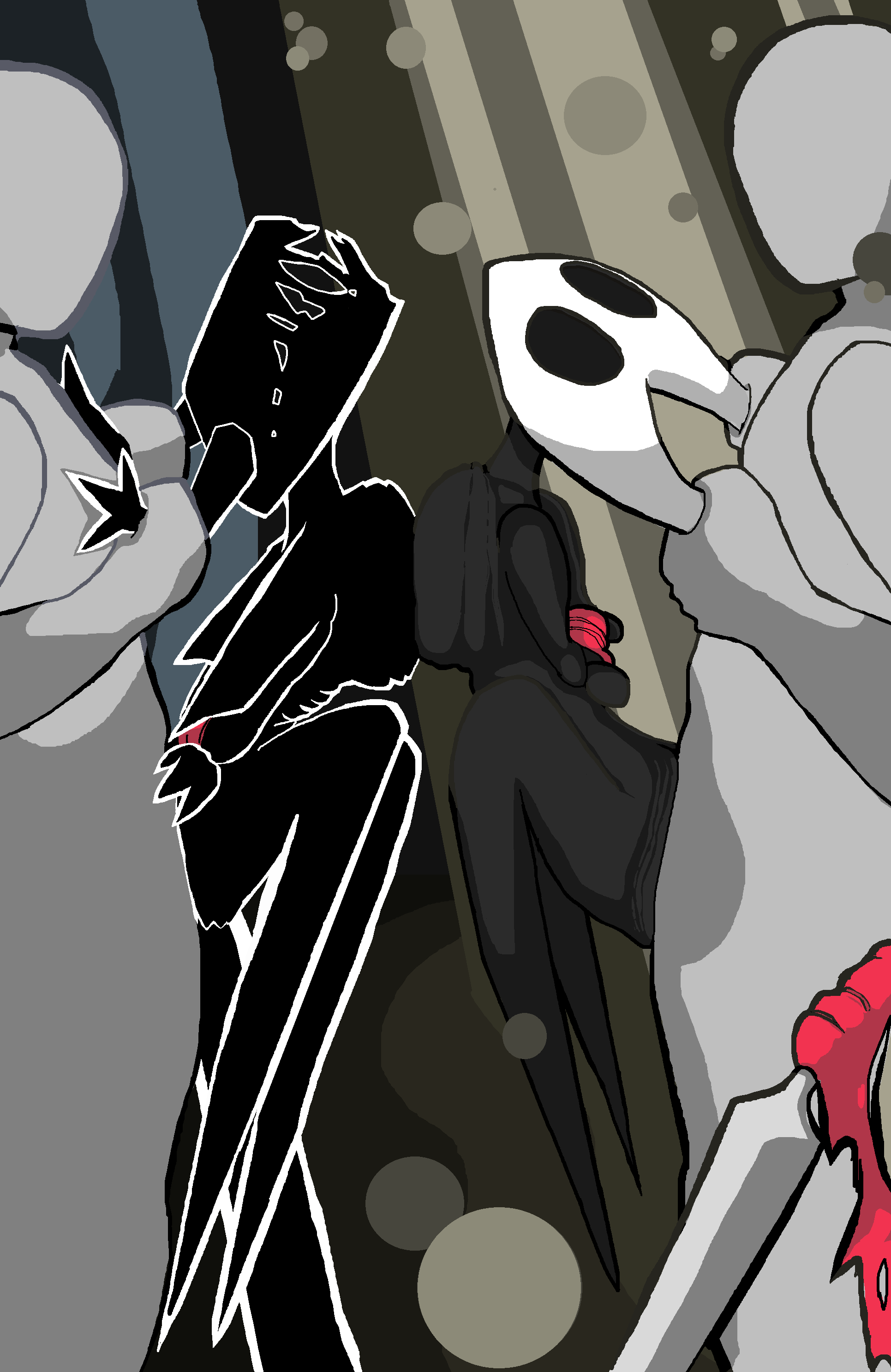 2boys, 2girls, bigballerz, breast press, breast squeeze, breasts, bug, dangling legs, deltarune, female, grey body, grey skin, handlebars, hollow knight, horn grab, hornet (hollow knight), horns, insects, male, monster, monster girl, ms paint, penetration, ribs, ripped clothing, roaring knight, scrawny, sex, sex from behind, slender body, standing, standing sex, straight, suprised, suprised expression, suprised look, sword, tied, tied arms