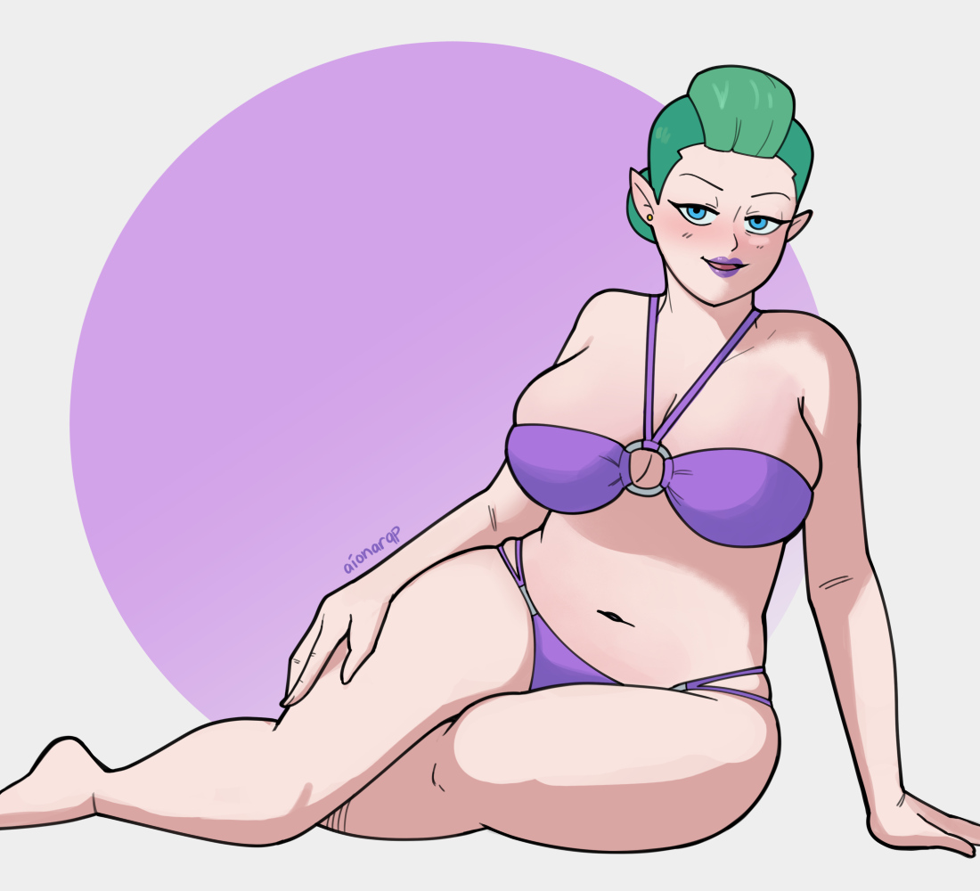 1girls, aionarap, barefoot, big breasts, bikini, bikini bottom, bikini top, blue eyes, bottomwear, breasts, cleavage, ear piercing, earrings, female, female only, hair, hair bun, huge breasts, legs, lips, lipstick, mature, mature female, mature woman, milf, mother, odalia blight, pointy ears, purple bikini, purple lips, purple lipstick, side-tie bikini, solo, solo female, swimwear, teal hair, the owl house, thighs, tied hair, topwear