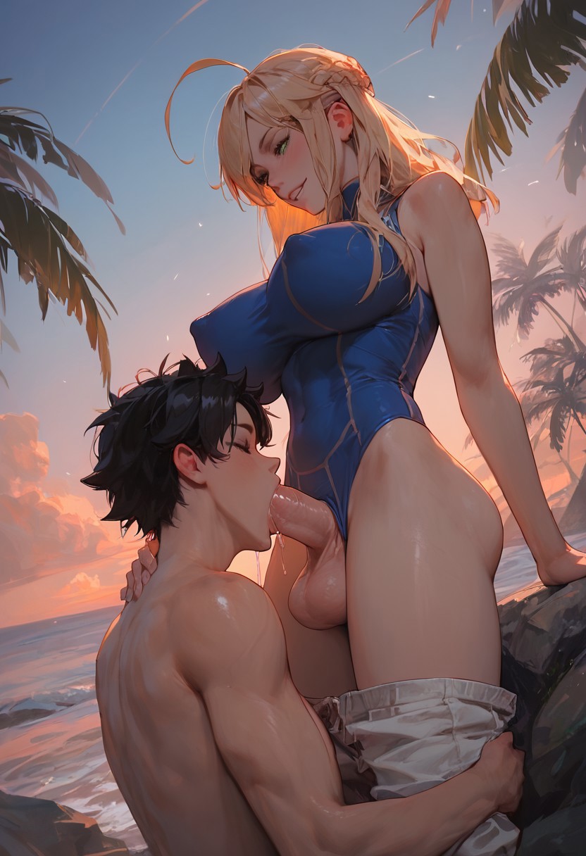 1futa, 1male, ai generated, artoria pendragon, blonde hair, blowjob, fate (series), fujimaru ritsuka (male), futa on male, futadom, futanari, intersex, large penis, loopus159, male, malesub, penis