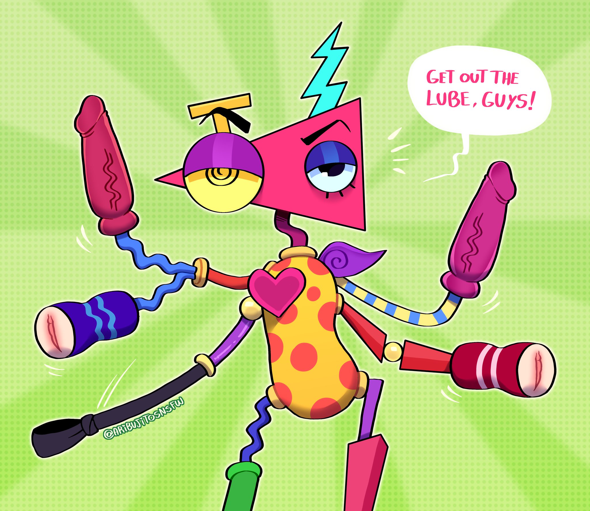 1other, 4 arms, 5 arms, accessory, ambiguous gender, animate inanimate, antennae, antennae (anatomy), aribujitosnsfw, arm markings, arms out, ball joints, black arms, black eyes, blue antennae, blue arms, blue eyelids, blue eyeshadow, blue legs, blue markings, blue stripes, body markings, colorful, dialogue, dildo, dildo hand, english text, female, fleshlight, flogger, for a head, giving orders, glitch productions, green background, green legs, half-closed eyes, heart accessory, horny female, implied threesome, joints, living toy, markings, mismatched arms, mismatched eyes, mismatched gloves, mismatched pupils, mismatched sclera, motion lines, mouthless, multi arm, multi limb, multicolored body, multicolored eyeshadow, nonbinary, notice lines, orange markings, orange spots, ordering, pink accessory, pink dildo, pink head, pink legs, pink neck, pink text, pocket pussy, purple accessory, purple arms, purple eyelids, purple eyeshadow, red arms, segmented arms, segmented legs, sex toy, shape head, simple background, solo, spiral eyes, spiral pupils, spots, spotted body, spotted markings, standing, striped arms, swirly eyes, the amazing digital circus, thin arms, thin legs, toy humanoid, triangle head, two-tone antennae, two-tone eyes, unusual anatomy, white sclera, yellow antennae, yellow arms, yellow body, yellow markings, yellow sclera, yellow stripes, zooble (the amazing digital circus)