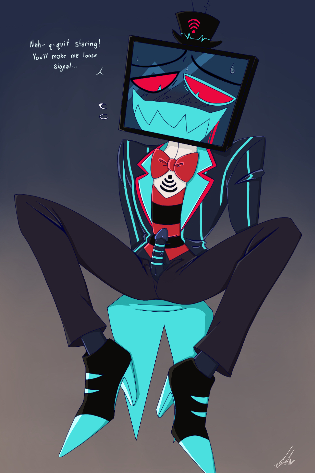 blushing, demon, dialogue, drooling, formal wear, grin, hazbin hotel, legs apart, legs spread, mostly clothed, nervous, penis, presenting penis, sharp teeth, sweat, tagme, thin penis, top hat, tv head, vox (hazbin hotel)