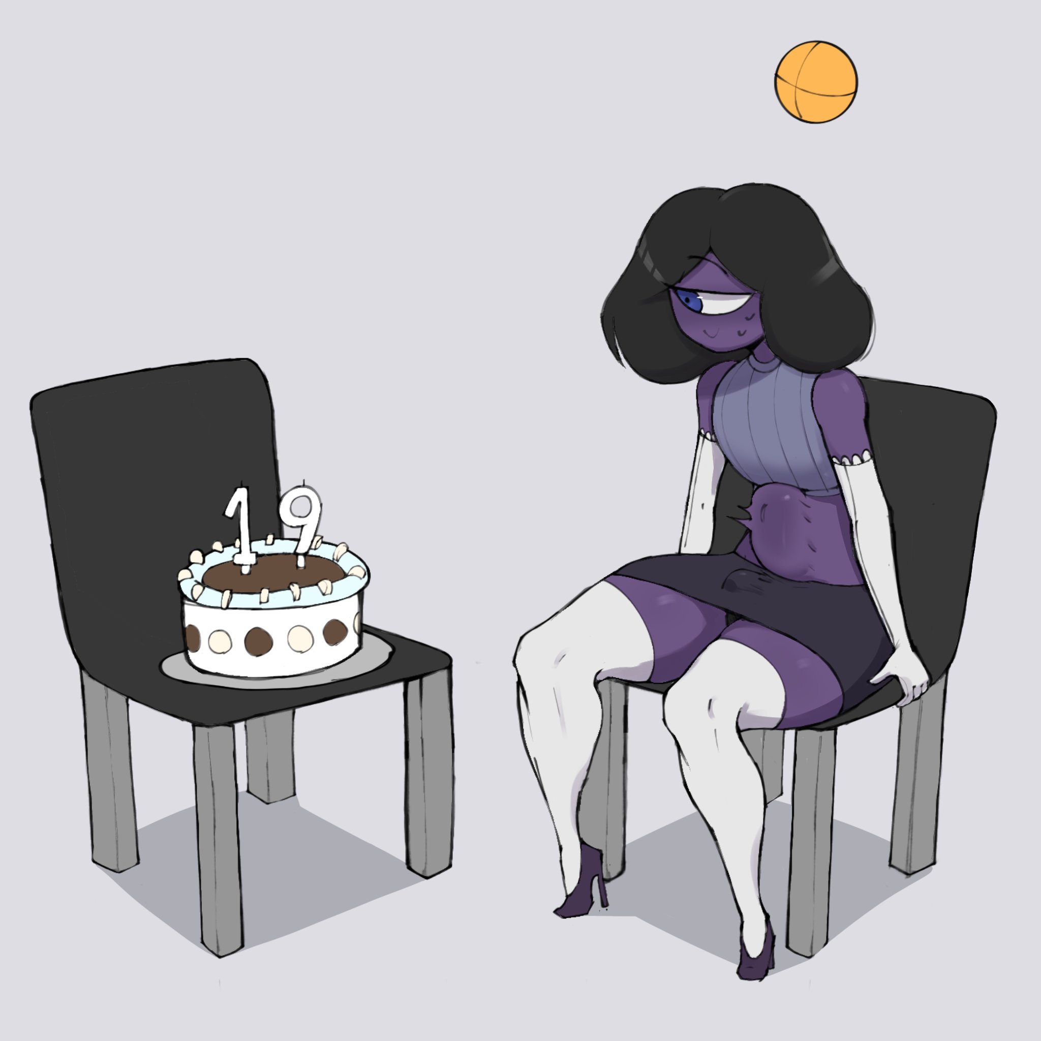 1boy, 2d, arm sleeves, armwear, avatar (megamor), birthday, birthday cake, black hair, blue eyes, bulge, cake, chair, clothed, clothed male, clothing, color, crop top, crossdressing, cyclops, dildo sitting, elbow gloves, erection, femboy, femboy only, full color, gloves, hair, happy birthday, heels, high heels, implied penetration, long gloves, male, male only, masturbation, megamor, meme, meme reference, oc, original, purple body, simple background, sitting, skirt, solo, stockings, stomach bulge, sweat, sweating