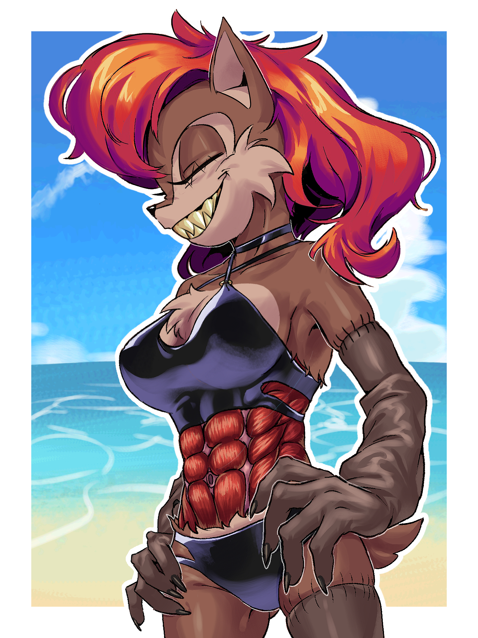 1girls, abdominal muscles, abs, battenqwerty, beach, creepypasta, curly hair, exposed muscle, female, grin, muscles, red hair, sally acorn, sally alt, sally.exe, self upload, sharp teeth, solo, sonic (series), sonic.exe (series), stitched arm, stitched eyes, stitched leg, stitches, swimsuit, tagme, water
