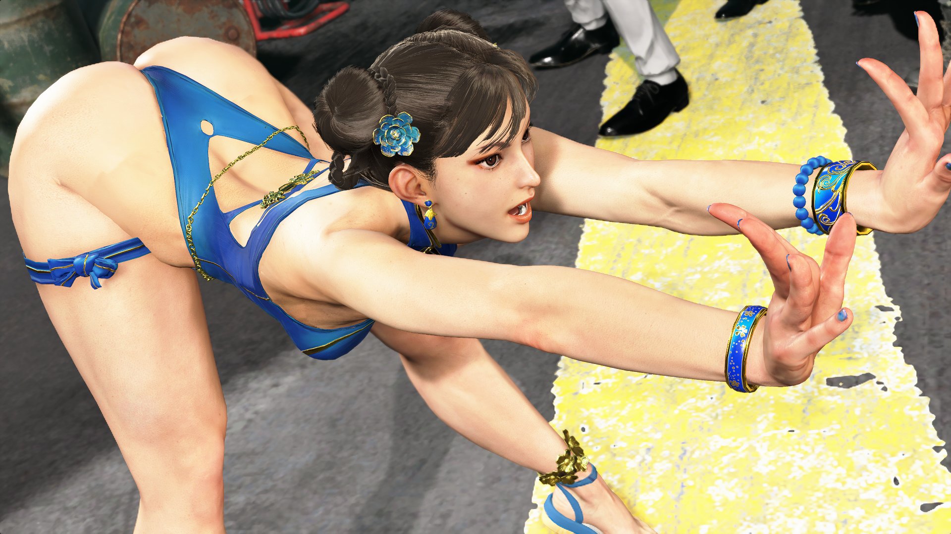 1girls, 3d, 3d model, absurdres, alternate costume, asian, asian female, ass, athletic, athletic female, back, bending, bending forward, bending over, blue one-piece swimsuit, blue swimsuit, bracelet, bracelets, breasts, brown eyes, brown hair, calves, capcom, chinese, chinese female, chun-li, earrings, feet, female, female focus, female only, fit, fit female, flower, flower in hair, game, game screenshot, hairbun, hairbuns, highres, huge ass, huge thighs, ingame, ingame model, jewelry, kikoken, large ass, makeup, official alternate costume, official style, one-piece swimsuit, screencap, screenshot, sf screenshot, street fighter, street fighter 6, stretch, stretching, swimsuit, thick ass, thick thighs, thighs