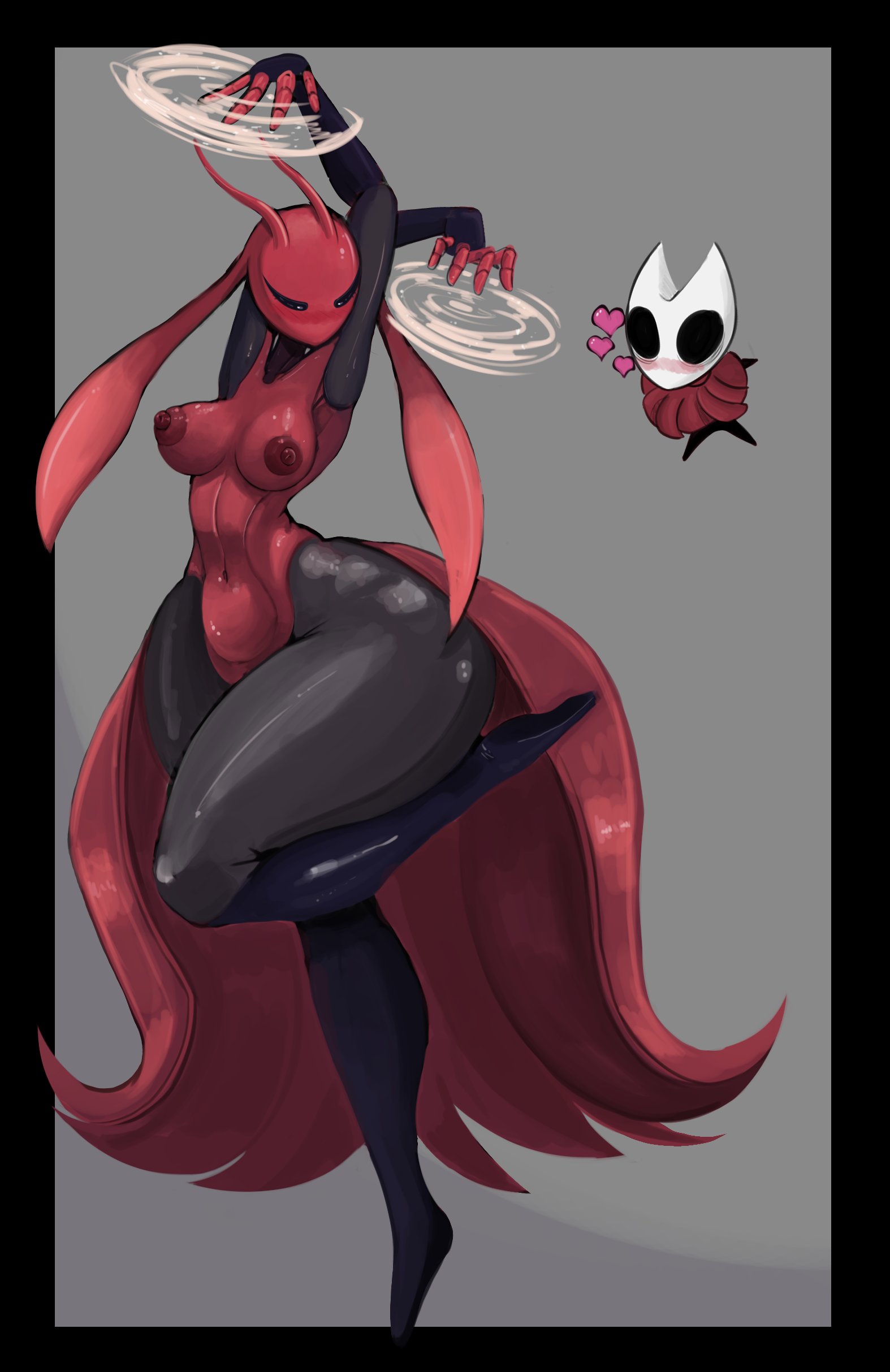 2025, 2girls, ant, ant girl, antennae, anthro, blush, boomerang, breasts, closed eyes, dress, female, heart, hi res, hips, hollow knight, hollow knight (franchise), hollow knight: silksong, hornet (hollow knight), karmelita, lowphorine, one leg up, red body, red clothing, red dress, red skin, singer, skarr (hollow knight), skarrsinger karmelita, thick thighs, thighs, weapon, wide hips, yuri
