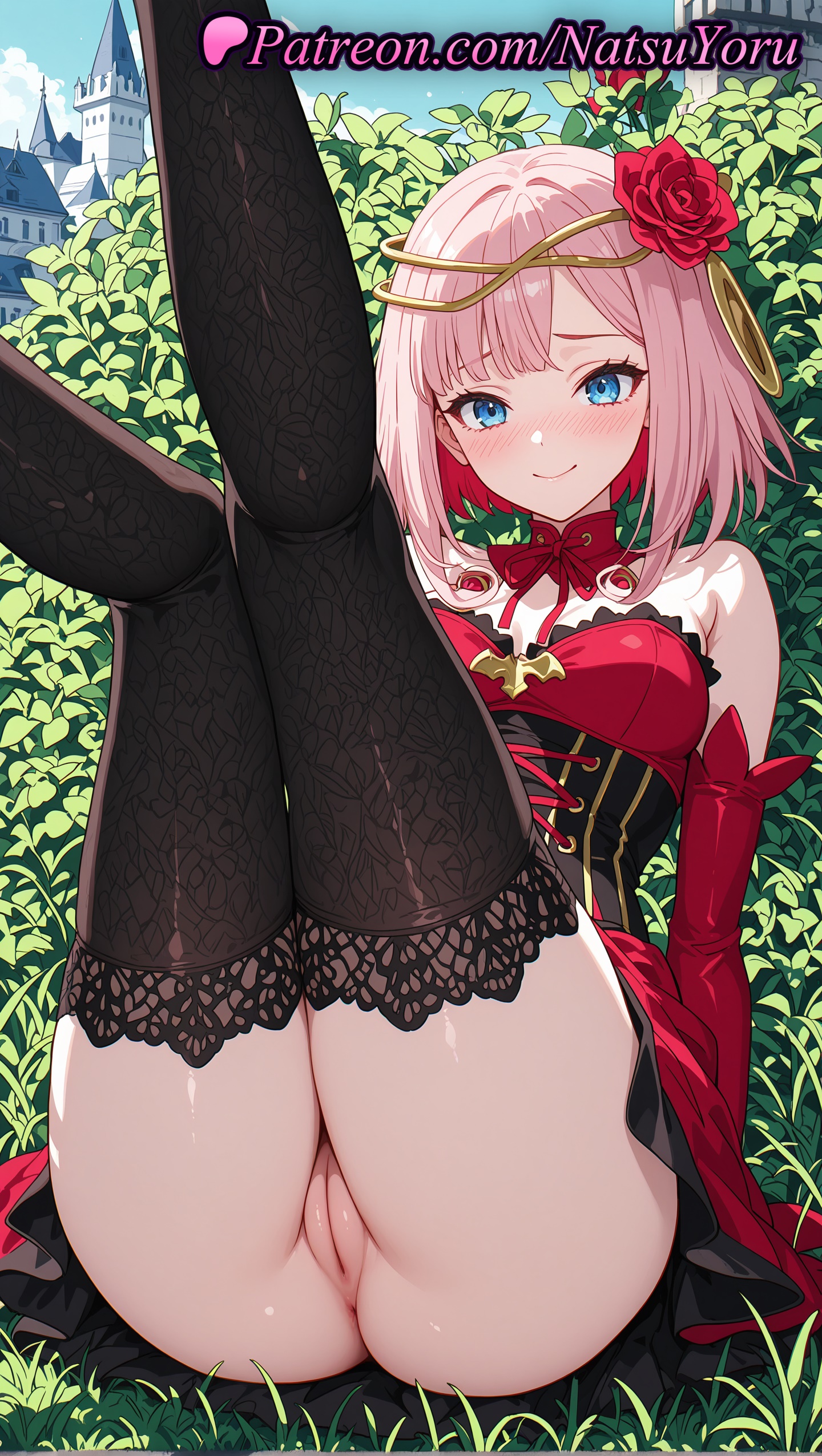 1girls, 2025, ai generated, anus, ass, bangs, bare shoulders, black thighhighs, blue eyes, blush, breasts, closed mouth, destiny, dress, female, flower, gloves, hair flower, hair ornament, hi res, highres, labia majora, legs up, looking at viewer, natsuyoru, no panties, outdoors, patreon, pink hair, pussy, red dress, red flower, red gloves, red rose, rose, short hair, sitting, smile, solo, takt op.destiny, thighhighs, thighs, uncensored, vagina, voluptuous, voluptuous female