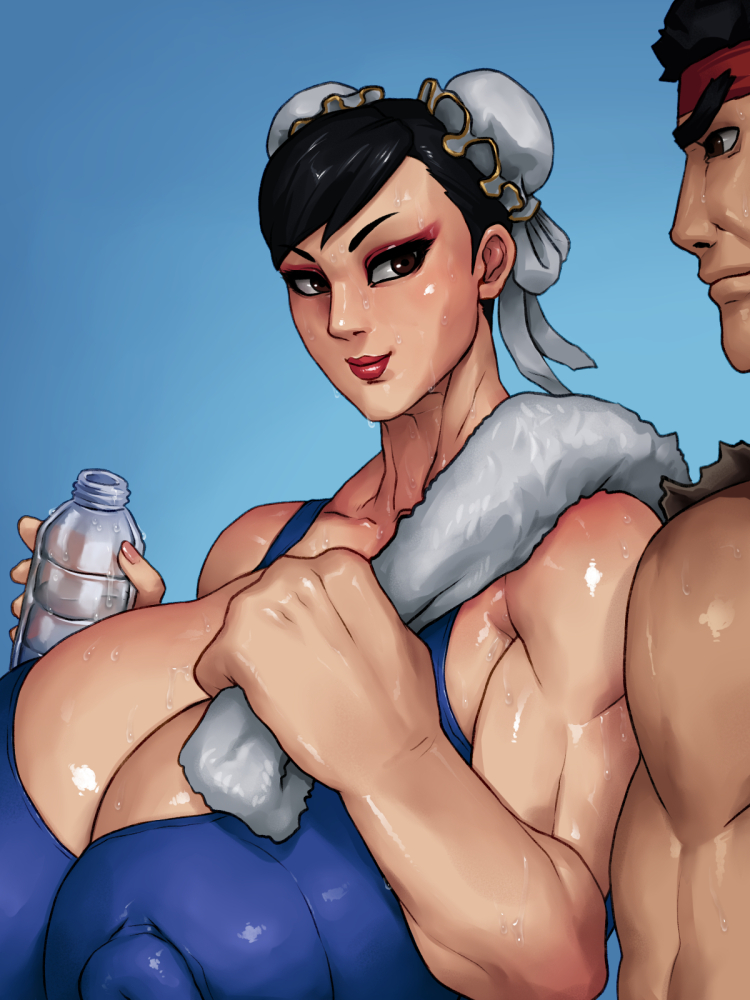 1boy, 1girls, big breasts, black hair, breasts, capcom, chun-li, cleavage, erect nipples, female, hair, huge breasts, large breasts, male, muscles, muscular, muscular female, muscular male, nipples, rampage0118, ryu (street fighter), smile, solo focus, street fighter, video games
