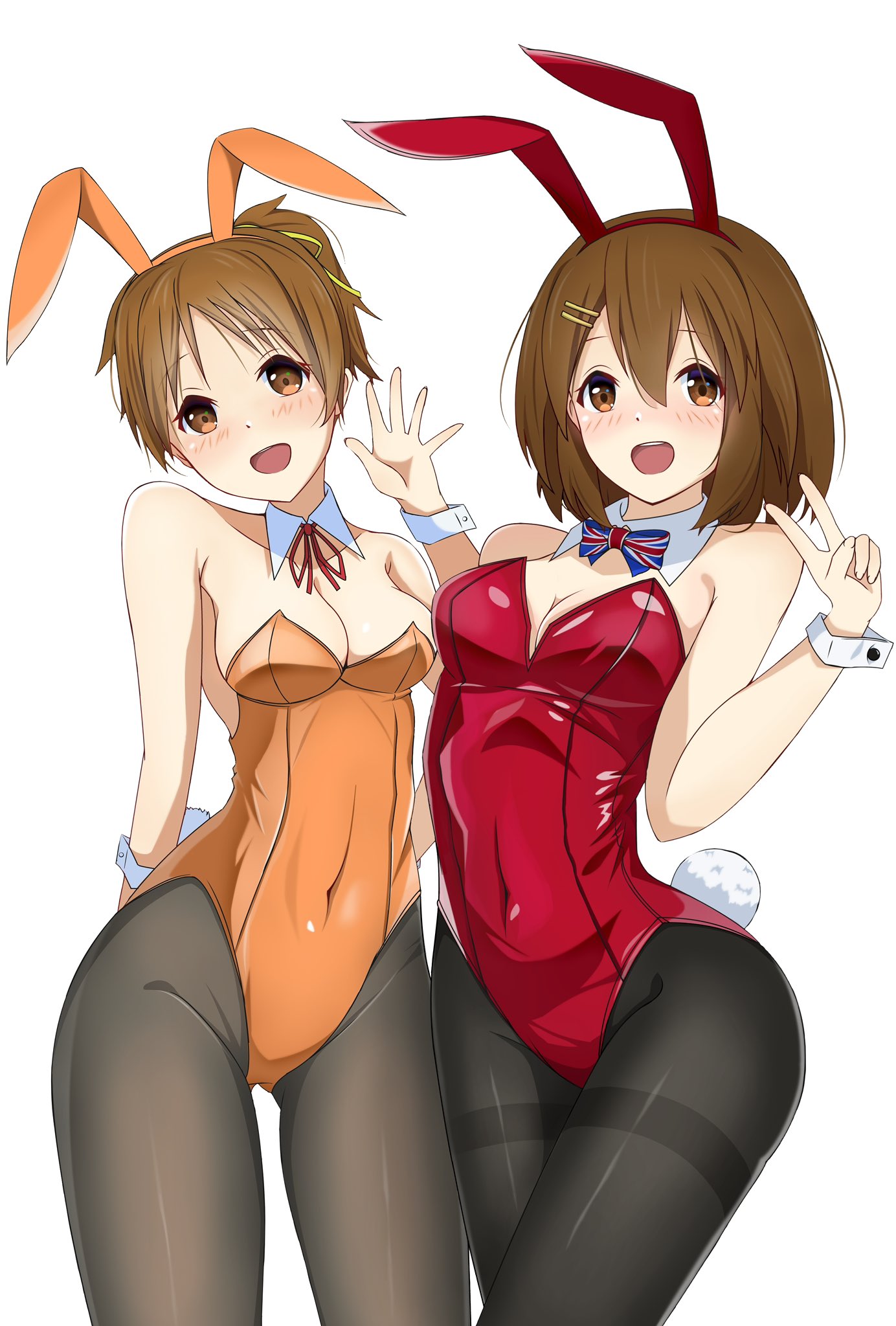 2girls, bunnysuit, female, k-on!, looking at viewer, playboy bunny, posing, simple background, sisters, smiling at viewer, tagme, ui hirasawa (k-on!), yasusi13, yui hirasawa (k-on!)