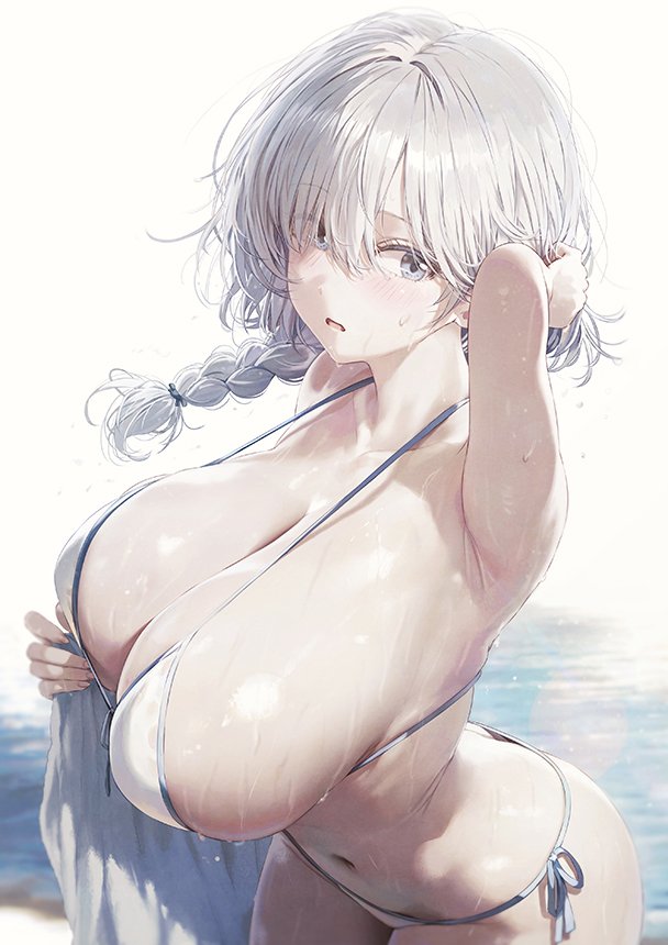 adjusting hair, beach, bikini, breasts, cleavage, female, female only, grey eyes, huge breasts, kurono mitsuki, long hair, navel, ocean, original, sideboob, solo, swimsuit, white hair