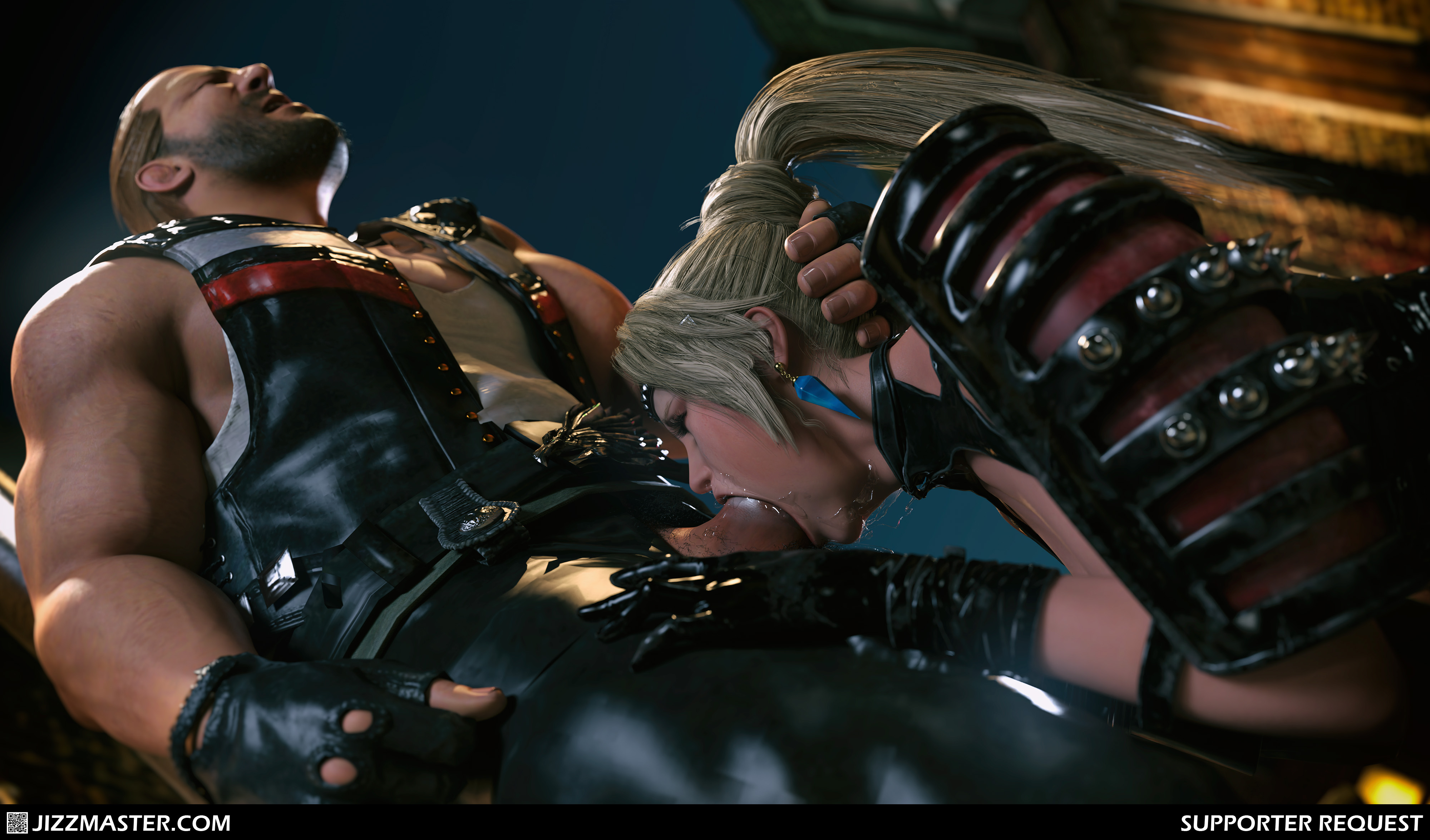 1boy, 1girls, 3d, 3d (artwork), 3d render, arm guards, armor, bass armstrong, beard, black gloves, black pants, blonde female, blonde hair, blowjob, bodily fluids, closed eyes, clothing, daz studio, dead or alive, deepthroat, earrings, facial hair, fellatio, female, fingerless gloves, gauntlets, genital fluids, gloves, hand on another's head, hand on head, head grab, high ponytail, high resolution, irrumatio, jacket, jewelry, jizzmasterzero, landscape, long hair, looking up, male, male pubic hair, manly, muscles, muscular, muscular male, ninja gaiden, open clothes, open fly, open mouth, open pants, open vest, oral, paid reward, pants, penis, penis out, ponytail, pubic hair, rachel (ninja gaiden), saliva, samurai armor, semen, short hair, sleeveless, sleeveless jacket, straight, subscribestar reward, tank top, tied hair, unzipped, very high resolution, very short hair, vest, viewed from below, web address, zipper
