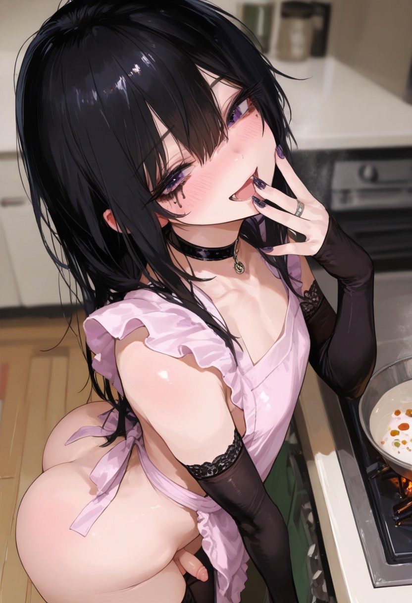 1boy, 1femboy, 2025, ai generated, alternate version available, apron, armwear, ass, big ass, black armwear, black hair, black stockings, blush, choker, civitai, crossdressing, cute, cute femboy, dark hair, eyeshadow, femboy, feminine male, girly, indoors, kekzzz, laugh, laughing, male, naked apron, open mouth, penis, purple eyes, runny makeup, solo, stockings, thick thighs, thighs, trap