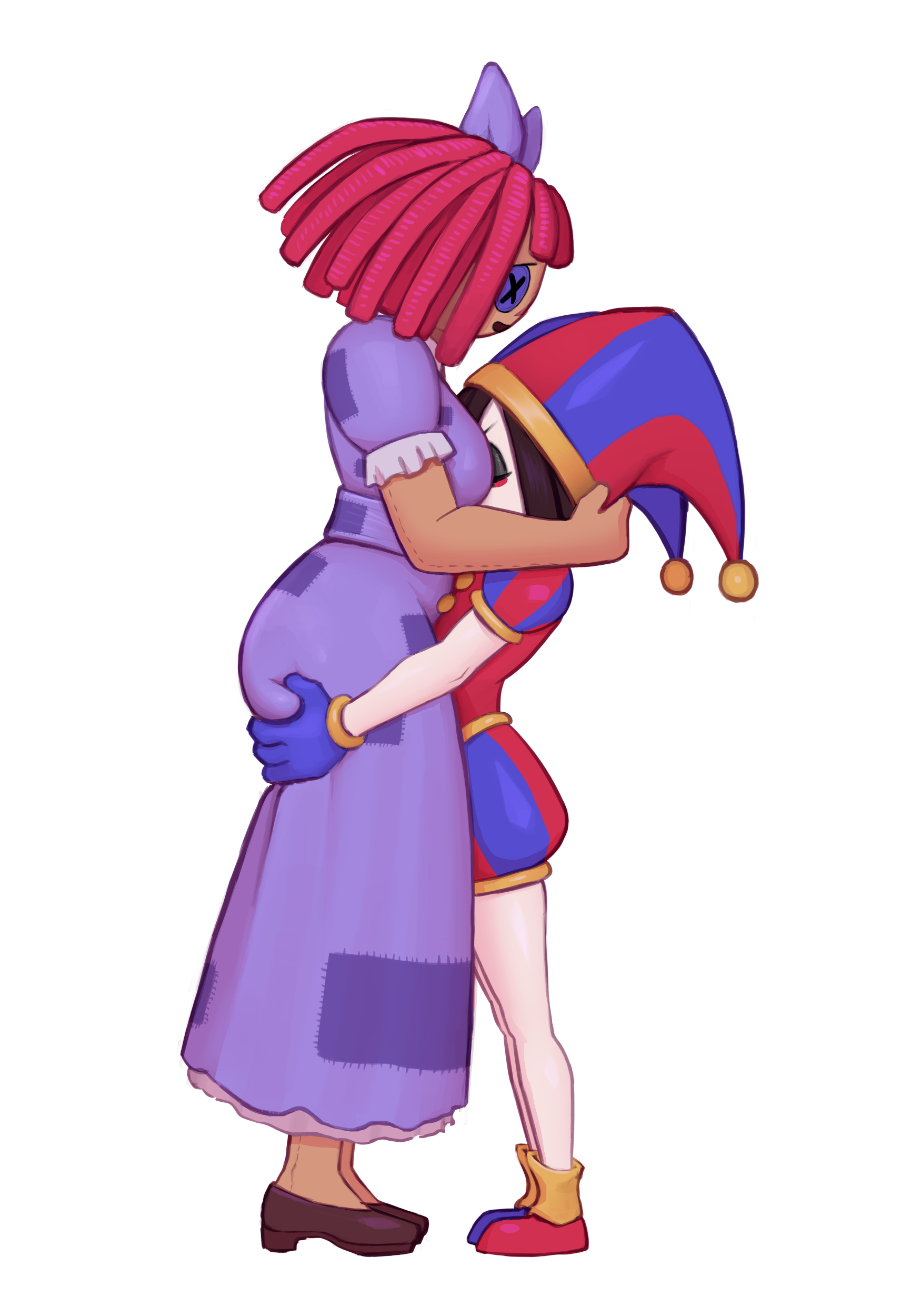 2girls, ass grab, bow, breasts, button eye, comforting another, comforting squirrel girl (meme), doll, face in breasts, female, fully clothed, glitch productions, gooseworx, hug, jester, jester hat, pomni, pomni (the amazing digital circus), ragatha, ragatha (the amazing digital circus), red hair, the amazing digital circus, wholesome, yuri