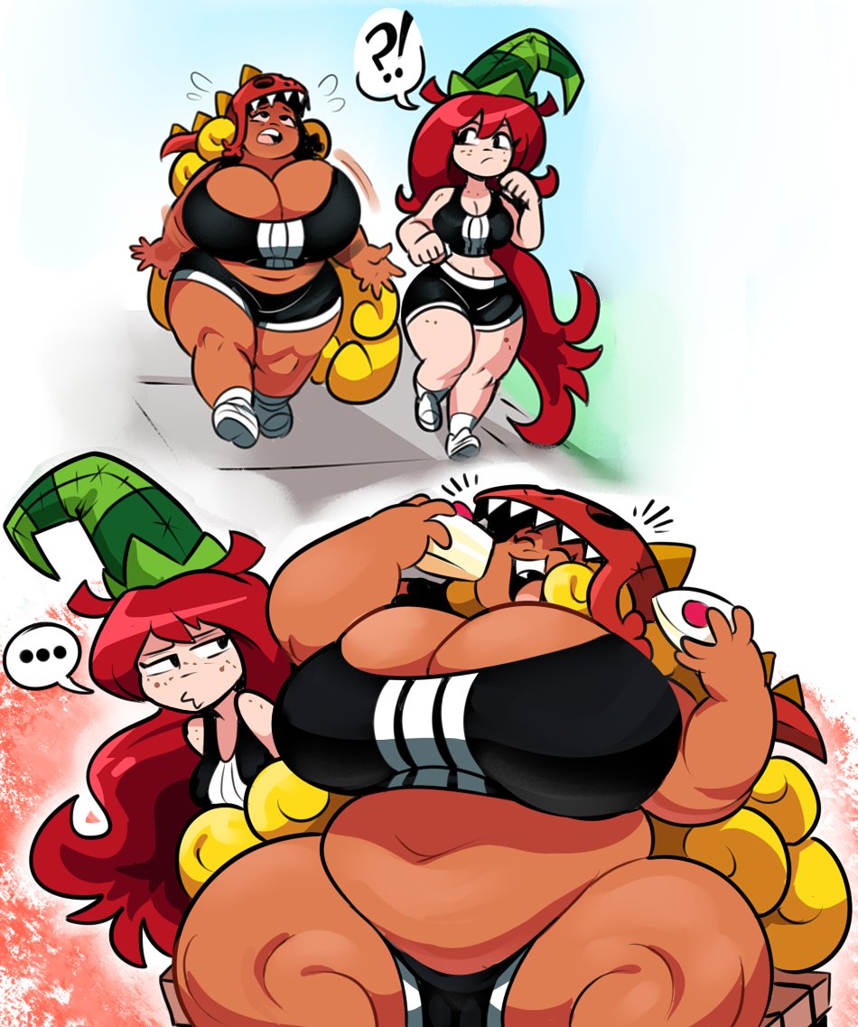 ?!, ..., betilla (rayman), blonde hair, breasts, chubby, cleavage, crop top, dark skin, eating, edith up (rayman), fat ass, female, female only, freckles, headgear, holding object, huge ass, huge breasts, jogging, long hair, looking at another, nymph (rayman), obese, rayman (series), rayman origins, red hair, sharp teeth, shorts, sitting, smile, sneakers, superspoe, tagme, thick thighs, voluptuous, wide hips