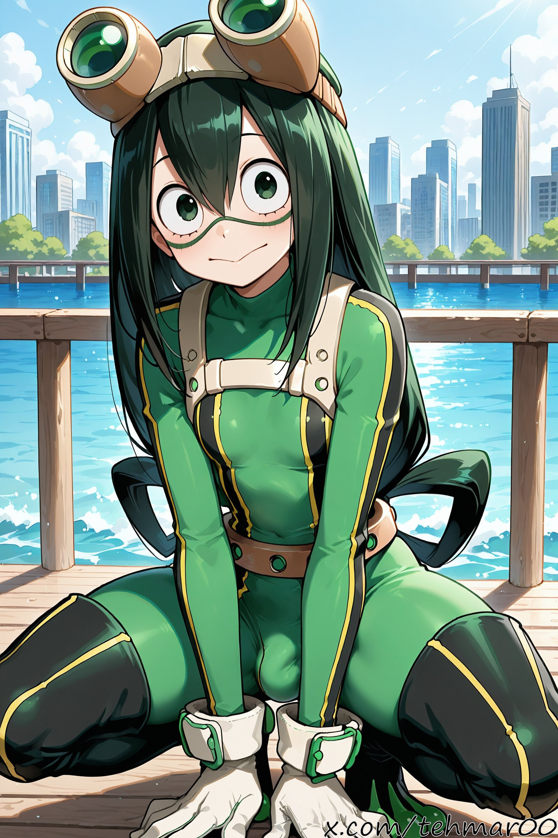 :>, 1boy, ai generated, bodysuit, boku no hero academia, boots, bulge, city, day, femboy, flat chest, genderswap (ftm), gloves, goggles, goggles on head, green bodysuit, green eyes, green hair, hair between eyes, intersex, long hair, looking at viewer, low-tied long hair, my hero academia, outdoors, rule 63, sitting, sky, solo, squatting, superhero, tagme, tehmar, thigh boots, trans woman, transfem, trap, tsuyu asui, water