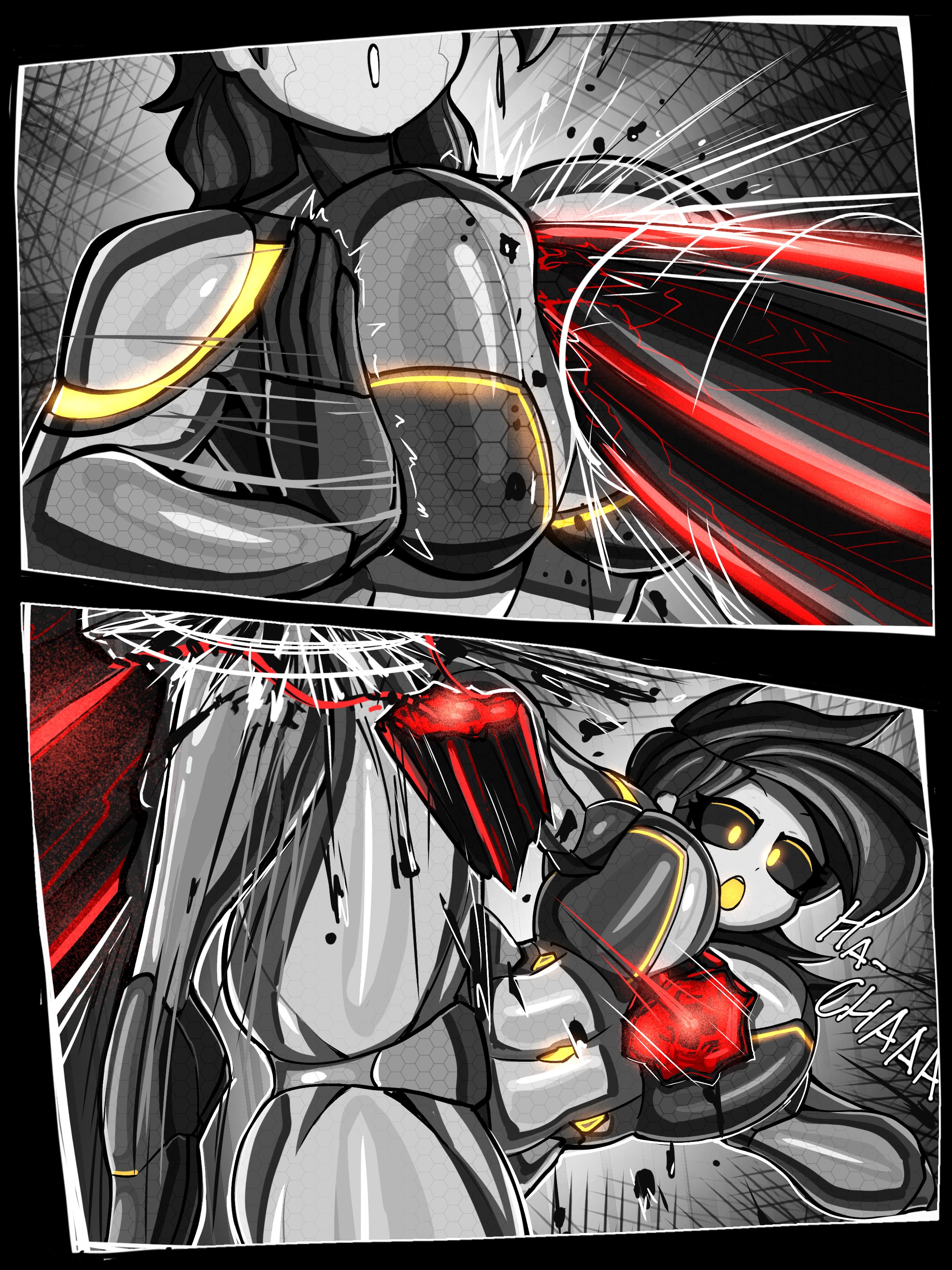 ..., between breasts, breaking, breasts, comic page, confused, digital drawing (artwork), digital media (artwork), drill, female, femdom, fight, gray background, grey skin, kicking, kyurby (zzzhodazzz), male, manga page, oc, red light, robot, robot girl, robot male, strong female, yellow eyes, yellow light, zzzhodazzz