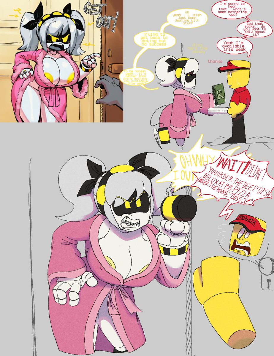 1boy, 1girls, abrahamslapper, areola slip, areolae, bathrobe, big ass, big breasts, breasts, cleavage, clothed, comic, dialogue, doorway, elliot (work at a pizza place), english text, female, female focus, glitch productions, j (murder drones), male, murder drones, pizza, pizza delivery, reference image, robe, roblox, roblox game, robloxian, robot, robot girl, speech bubble, text, thighs, threatening, twitter link, work at a pizza place, yellow nipples