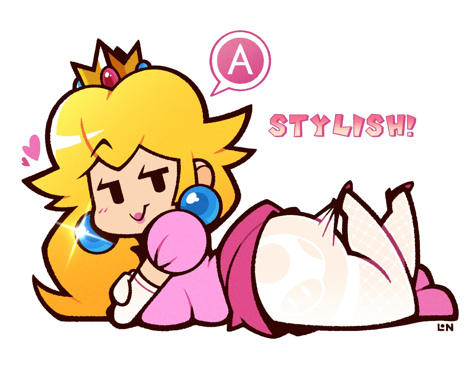 1girls, 2025, 2d, ass, bluesky link, crown, female, fishnet clothing, fishnet legwear, fishnets, heels, human, lace pantyhose hooked on heel (meme), legendofnerd, light skin, light-skinned female, lipstick, looking at viewer, lying down, mario (series), nintendo, pantyhose, paper mario, paper mario: the thousand-year door, paper peach, plain background, princess peach, solo, stockings, super mario bros., thick ass, thick thighs, thighs, tight clothes, white background, yellow hair