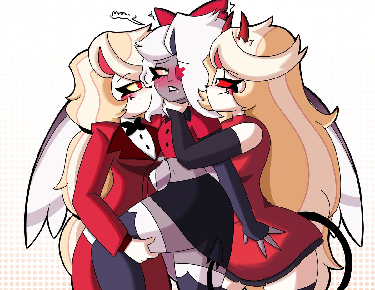3girls, belly, blonde hair, blush, blush lines, blushing female, canon couple, charlie morningstar, charlie morningstar (hazbin hotel), demon form, dress, female, female focus, female only, hand on leg, hand on neck, hand on thigh, hazbin hotel, long hair, looking at another, looking at partner, miniskirt, moaning, one fang, petite, petite body, ponytail, red eyes, short hair, short shirt, stockings, suit, sweat drops, sweating, the titan draw, two versions, vaggie, vaggie (hazbin hotel), white hair, wings, yellow eyes