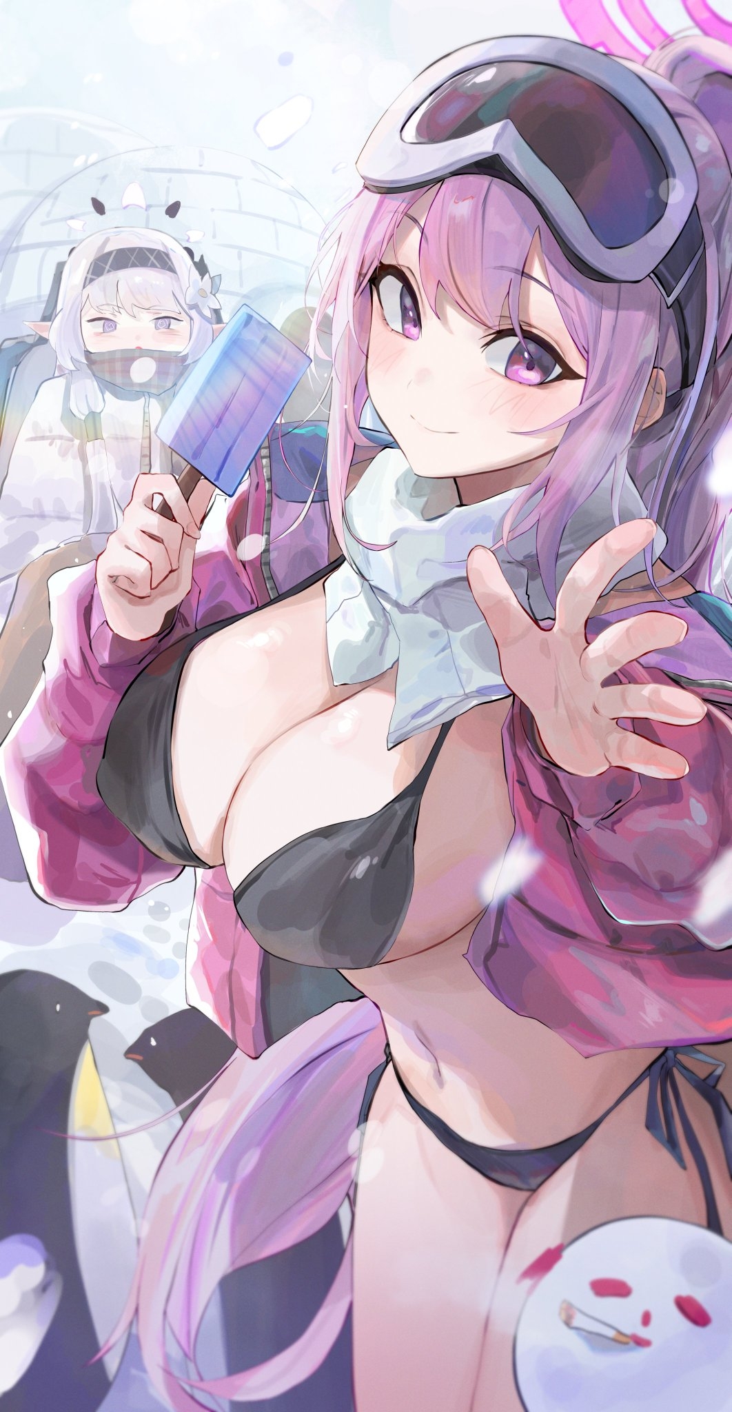 2girls, bikini, blance, blue archive, blush, breasts, cold, eimi (blue archive), eimi (swimsuit) (blue archive), female, goggles on head, high resolution, himari (blue archive), huge breasts, ice, ice cream, millennium science school student, pink hair, scarf, snow, swimsuit, very long hair, video game character
