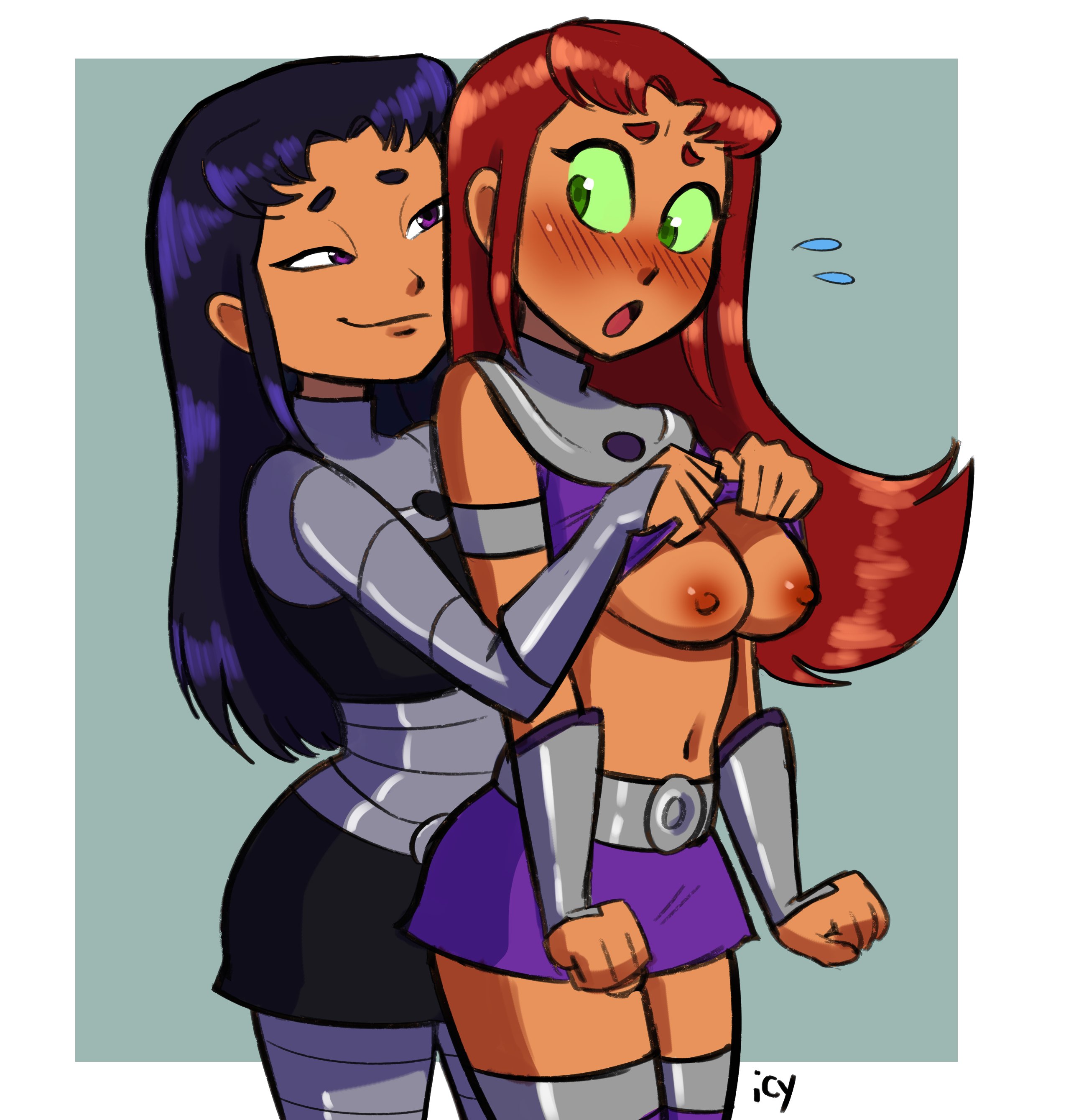 2d, 2girls, alien, alien girl, alien humanoid, alien look like human, areolae, assisted exposure, beltskirt, black hair, black skirt, blackfire, blush, breasts, curvy, dc, dc comics, erect nipples, female, female only, green eyes, incest, iseenudepeople, komand'r, koriand'r, lesbian, long hair, medium breasts, multiple females, multiple girls, nipples, no bra, purple eyes, purple skirt, red hair, shirt lift, siblings, sisters, skirt, smirk, standing, starfire, straight hair, surprised, tan skin, tan-skinned female, teen titans, yuri