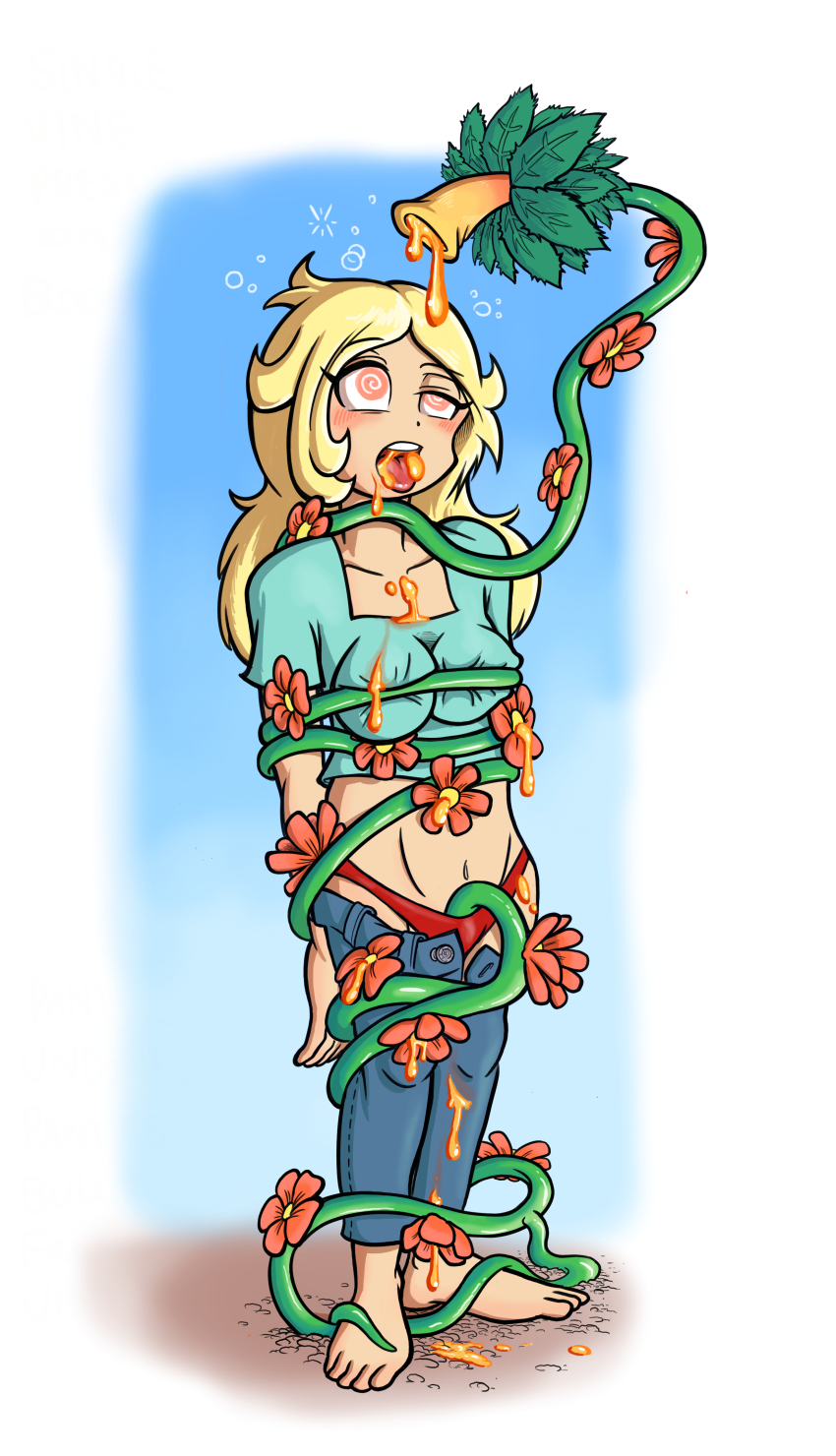 barefoot, blonde hair, blush, breast press, breasts, cassie (keeperika), female, female only, femsub, flower, hypnosis, hypnotic plant, keeper of pots, long hair, midriff, mind control, nectar, open mouth, original, pink eyes, plant, spiral eyes, tongue, tongue out, vines