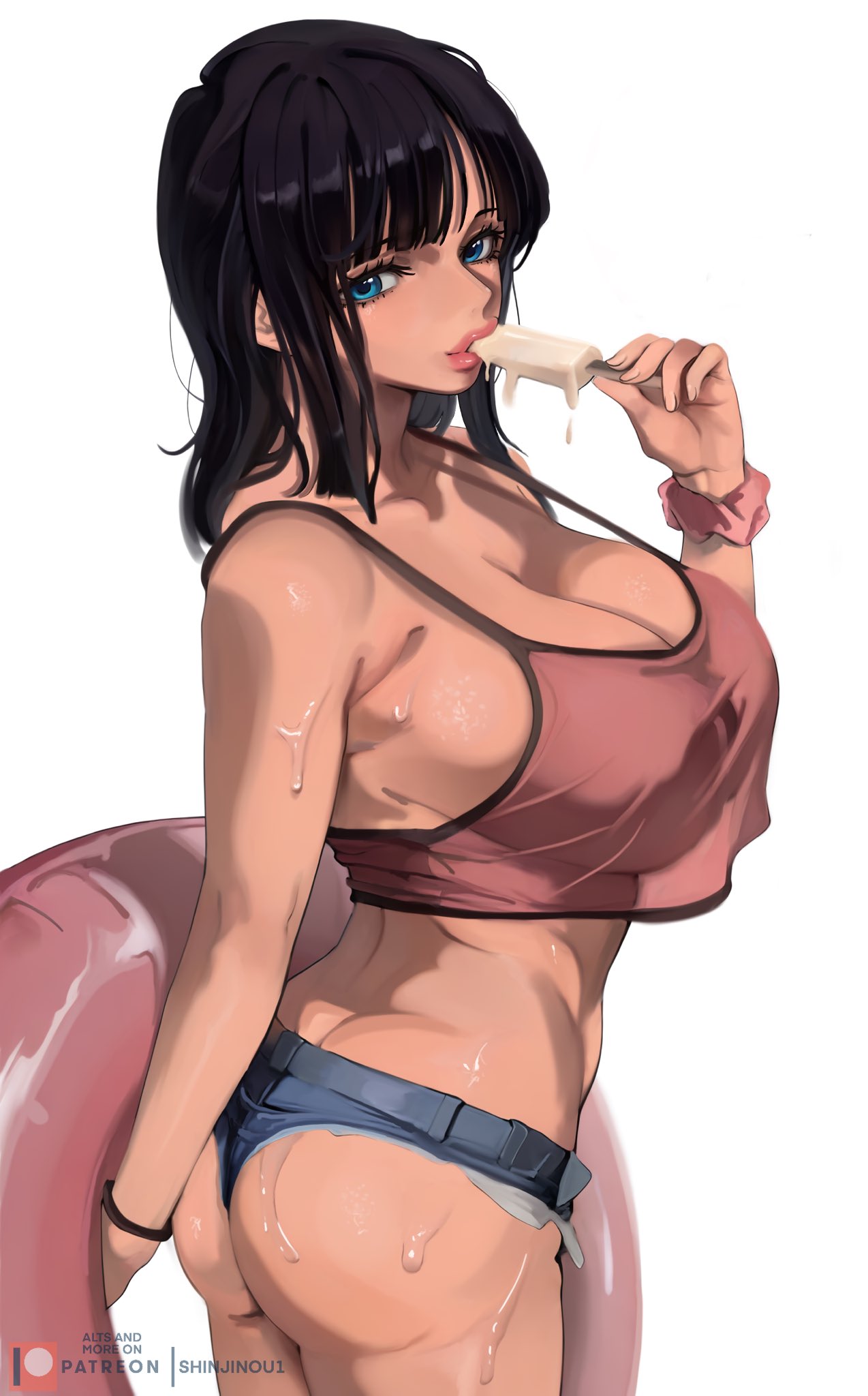 1girls, ass, ass hanging out, ass hanging out of shorts, black hair, black-haired female, booty shorts, breasts, female, female focus, female only, large breasts, light skin, light-skinned female, looking at viewer, looking back, midriff, nico robin, one piece, popsicle, shinjinou, short shorts, shorts, solo, thighs, white background