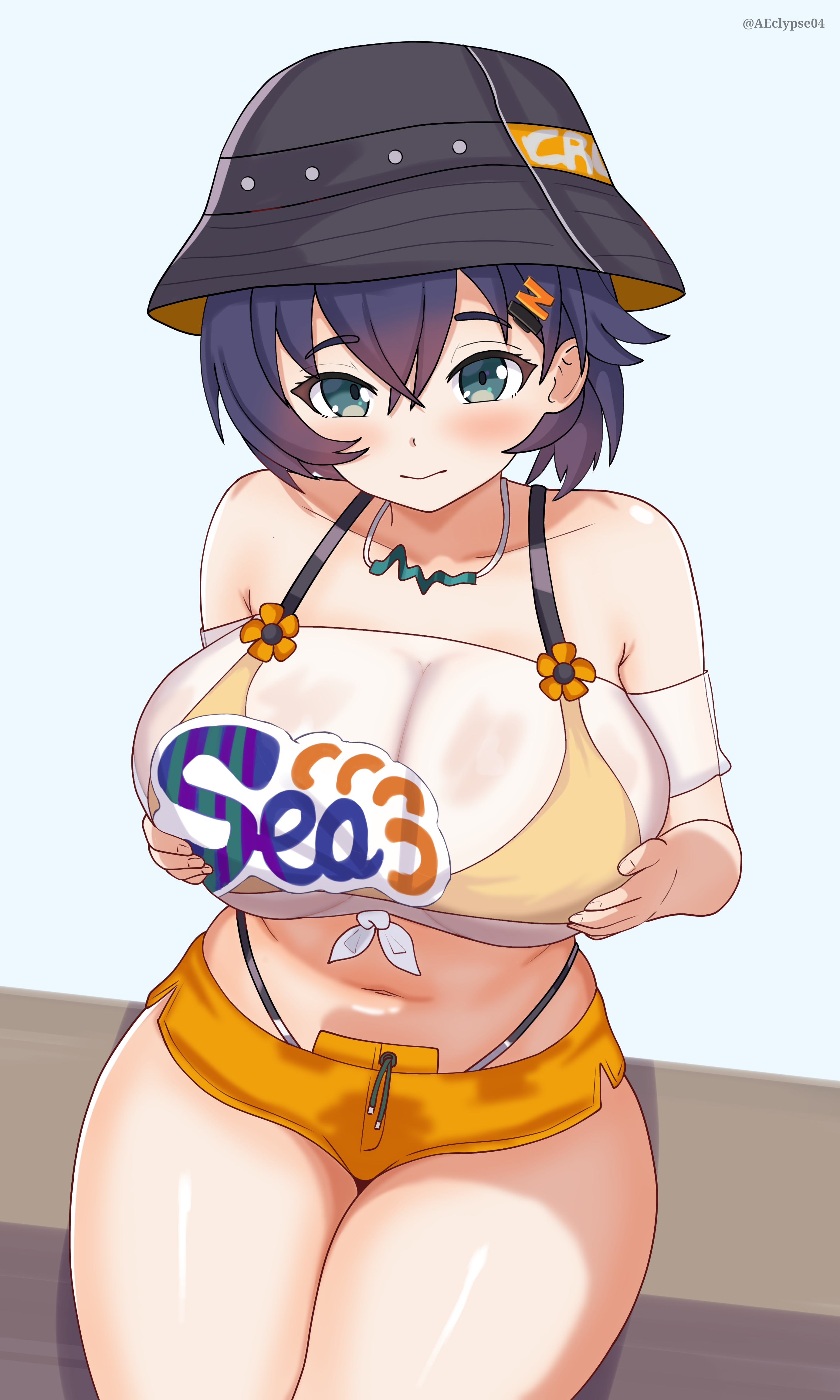 1girls, absurd res, belle (summer skies) (zenless zone zero), belle (zenless zone zero), big breasts, bikini top, blush, breasts, bucket hat, cleavage, dark blue hair, eclypse, female, female only, grabbing own breasts, green eyes, hair, hair ornament, hands on breasts, hat, headwear, highres, hips, huge breasts, necklace, neckwear, official alternate costume, orange shorts, revealing clothes, self fondle, shirt, short hair, short shorts, shorts, solo, solo female, thick thighs, thighs, thong straps, tight clothing, white shirt, yellow bikini top, zenless zone zero