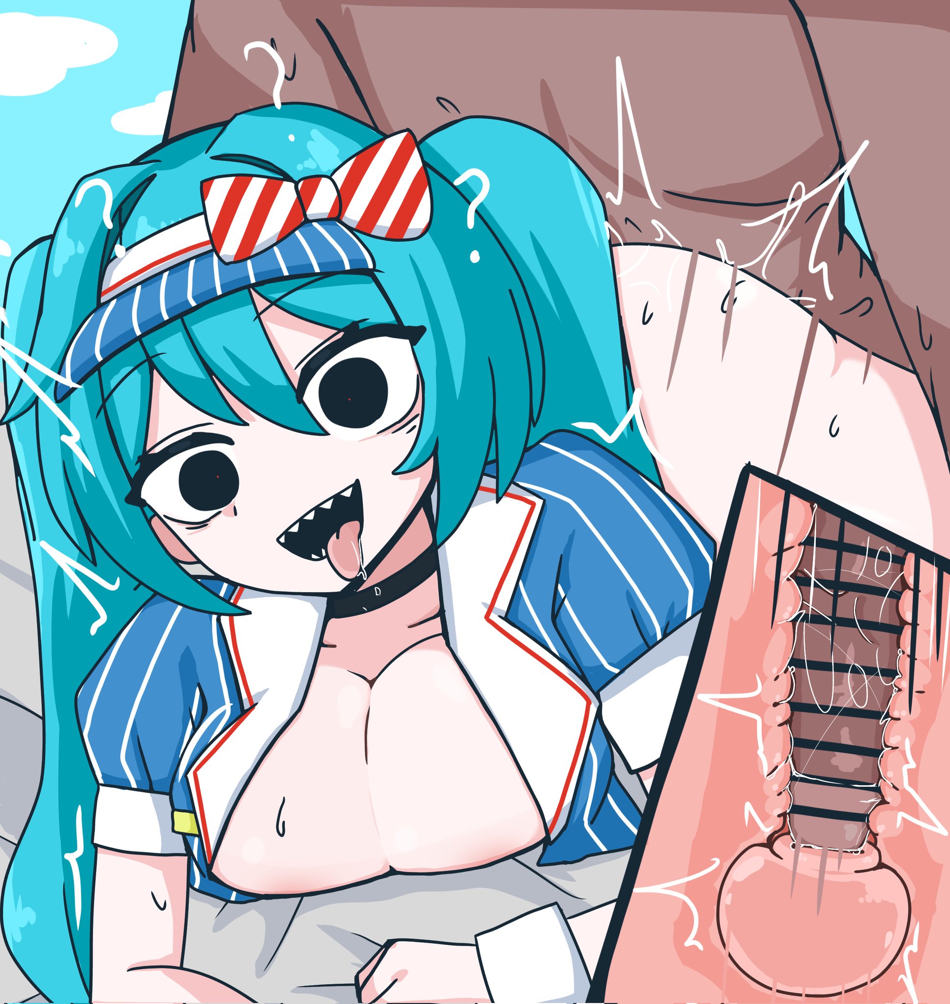 ?, 1boy, 1girl, 1girls, aqua hair, bar censor, bent over, big breasts, black eyes, blue hair, breasts, censored, cleavage, clothed female nude male, color, cross-section, dark skin, dark-skinned male, doggystyle, female, female focus, hair ornament, hatsune miku, hetero, interracial, large breasts, light skin, long hair, male, mesmerizer (vocaloid), mesmerizer miku, motion lines, open clothes, open mouth, penis, sex, sex from behind, sharp teeth, solo focus, squished breasts, sweat, teeth, tongue, tongue out, top-down bottom-up, twintails, twitter link, uterus, vaginal, very long hair, visor cap, vocaloid, voifoooork, x-ray