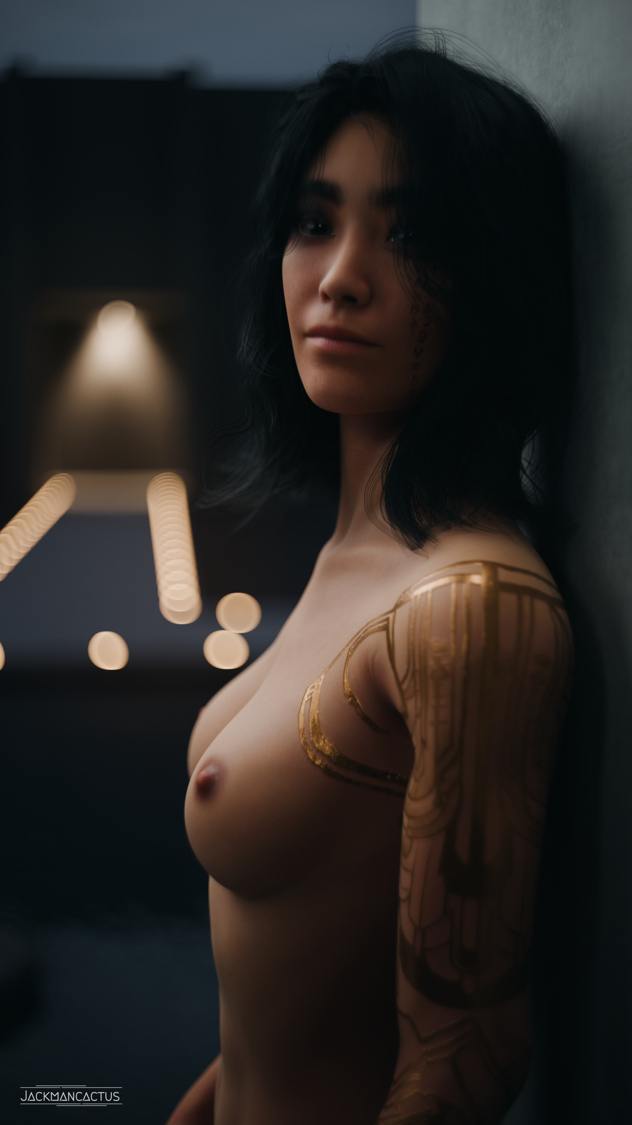 1girls, 3d, abs, black hair, breasts, clair obscur: expedition 33, female, female only, jackmancactus, lune (clair obscur: expedition 33), nipples, solo, toned, toned female